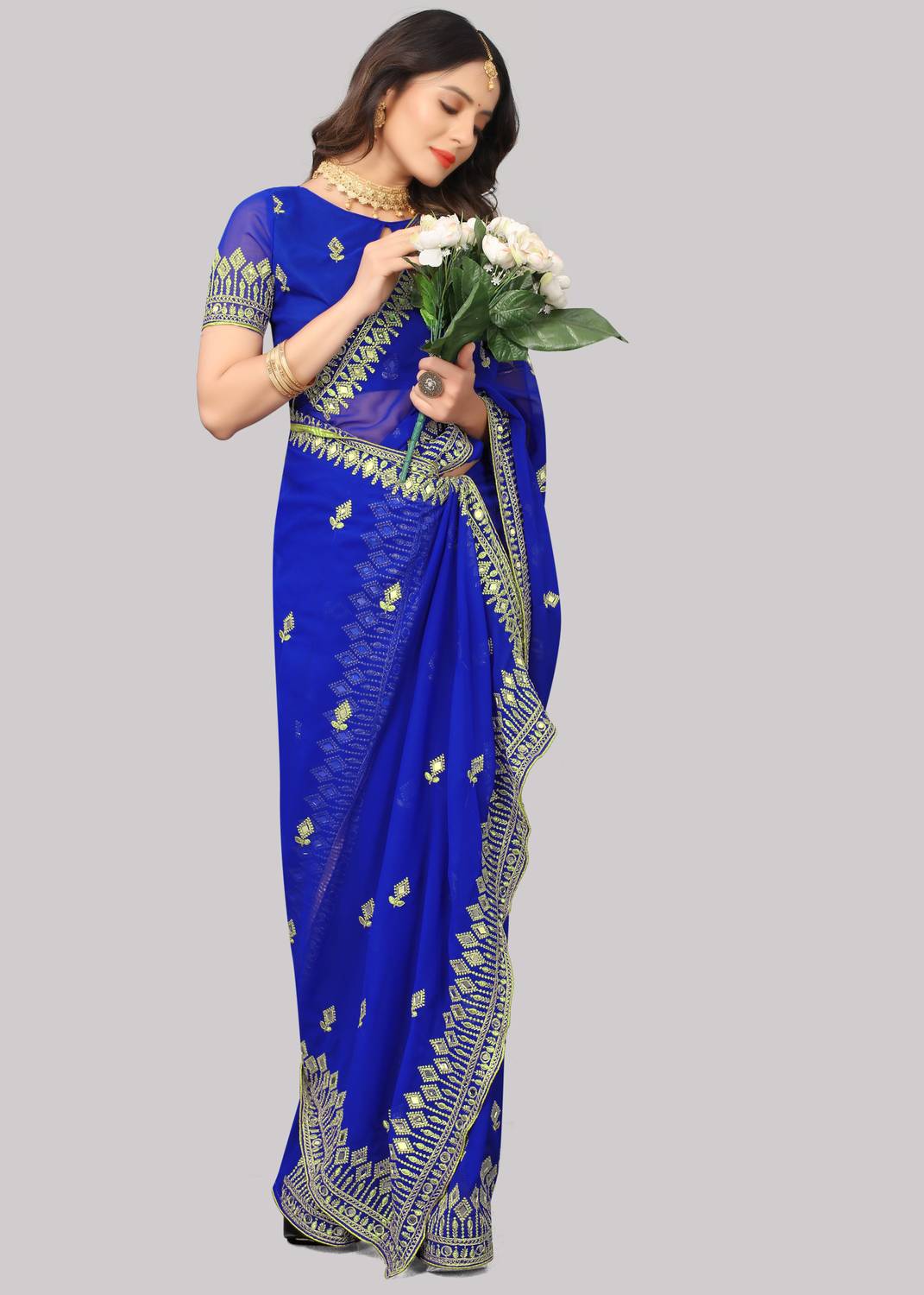 ROSYQUEEN Self Design, Embroidered Banarasi Georgette Saree (Blue