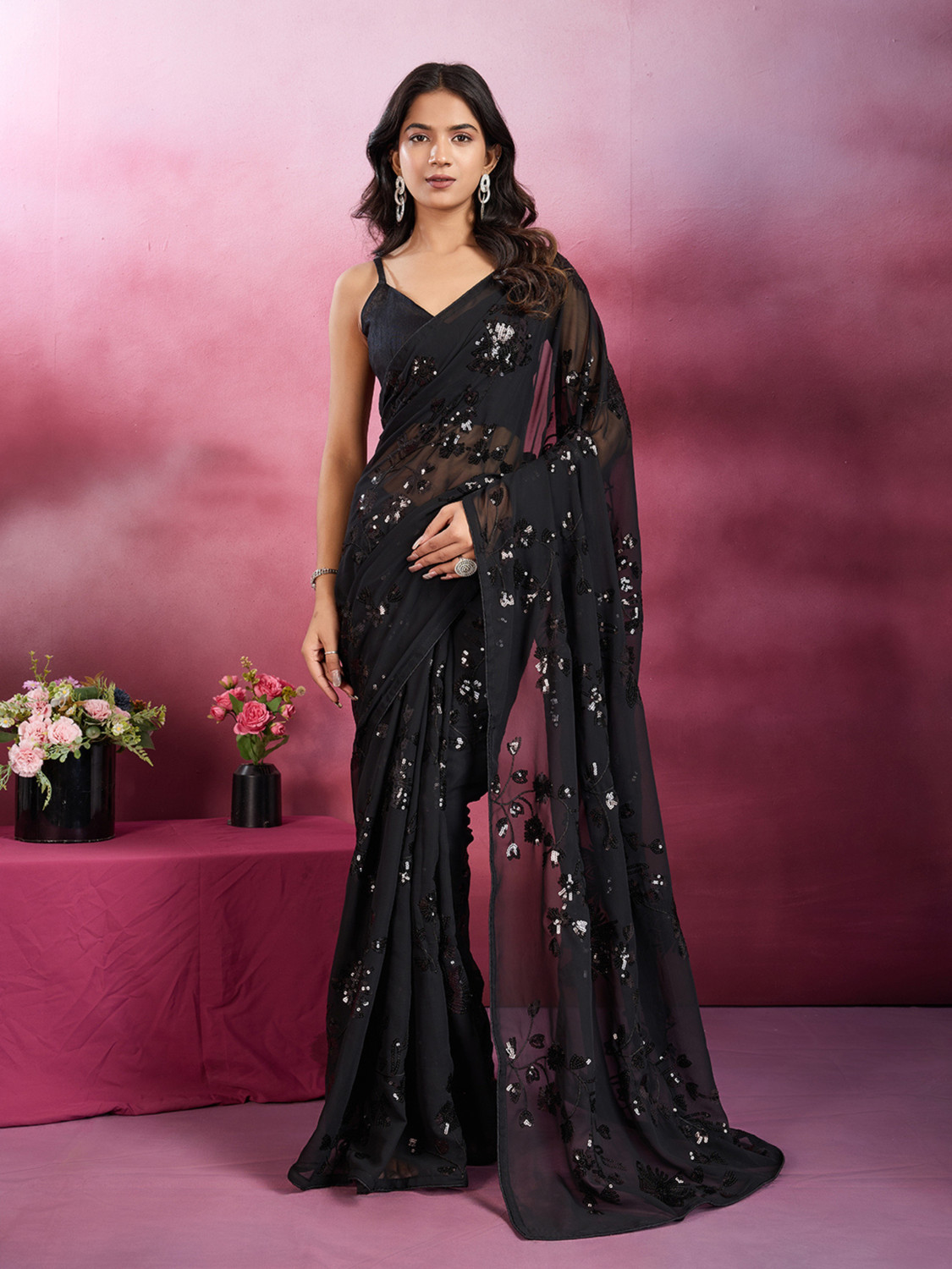Image of Clemira Self Design, Embellished Bollywood Georgette Saree