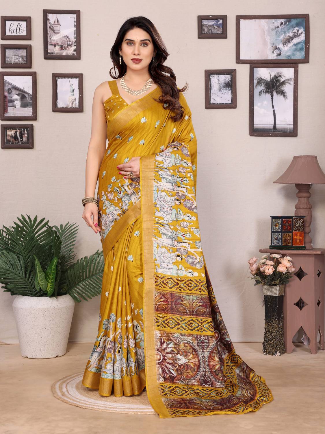 AMBUJAINTERNATIONAL Printed Bollywood Cotton Blend Saree