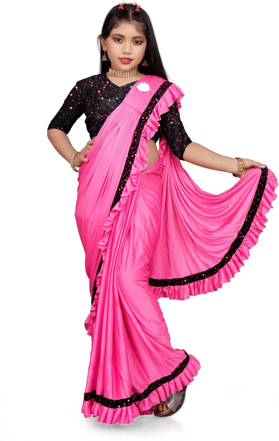 Dream Clouds Embellished Bollywood Lycra Blend Saree (Pink)