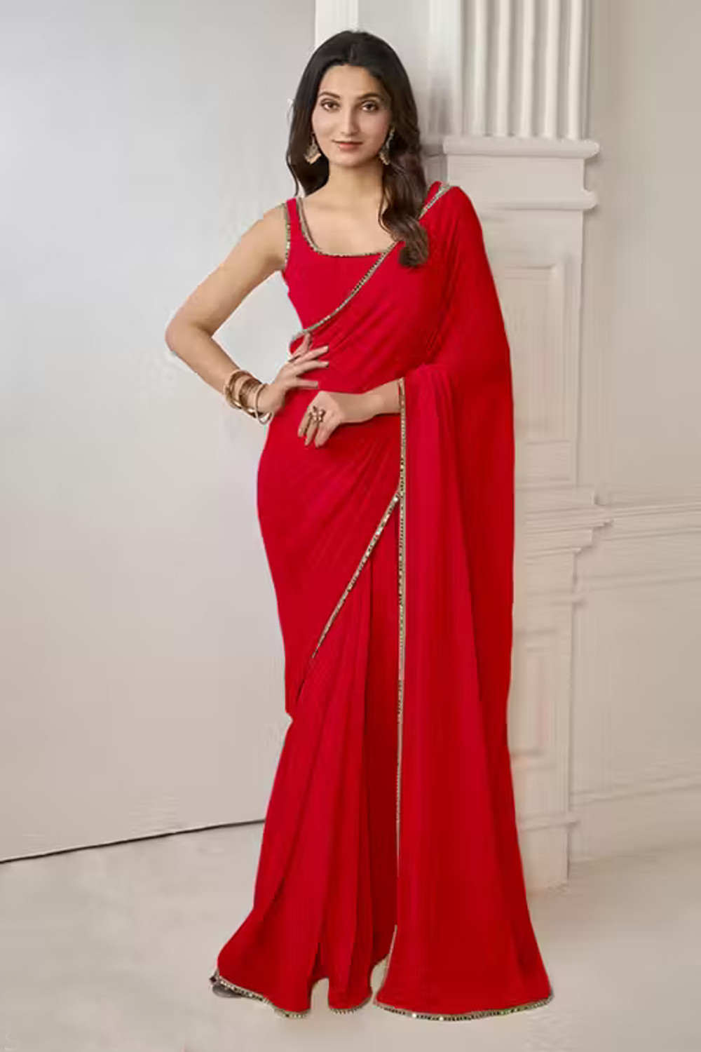 Image of KanjiQueen Embellished Daily Wear Georgette, Silk Blend Saree (Red)