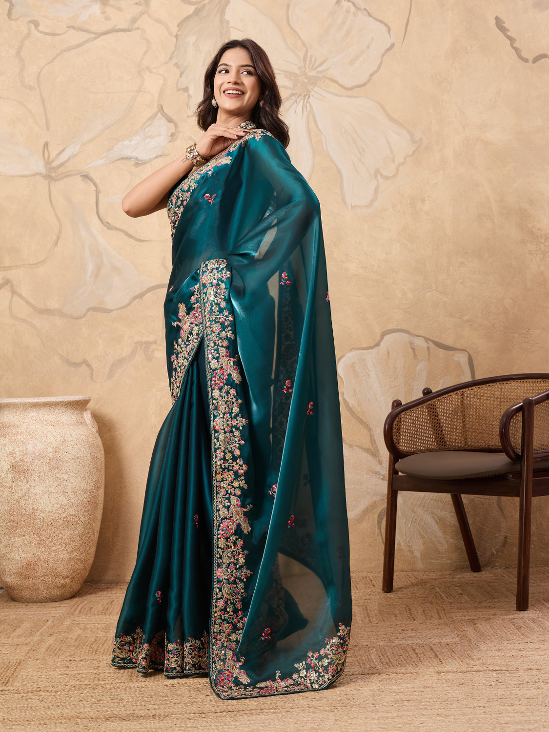 Image of SareezaaStore Embroidered, Floral Print, Solid /Plain Bollywood Tissue, Organza Saree
