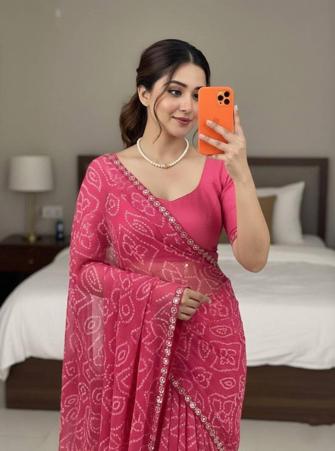 Maadienterprise Striped Bandhani Georgette Saree - Image 1