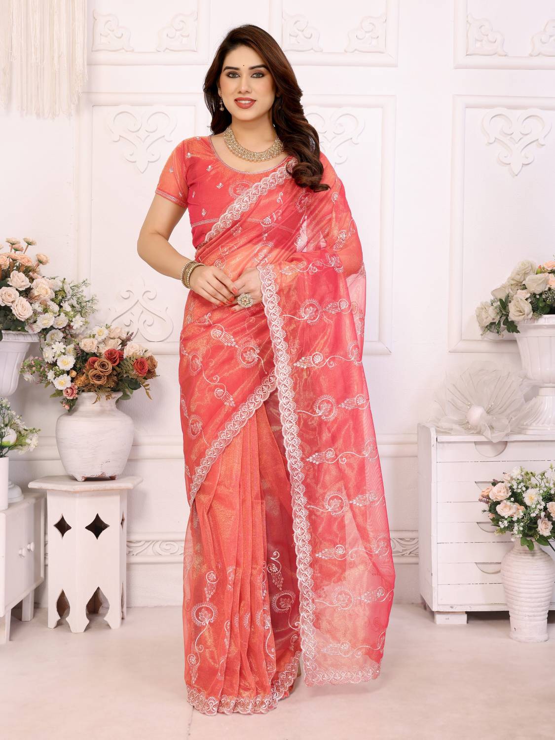 TTH Embroidered Bollywood Organza, Net Saree