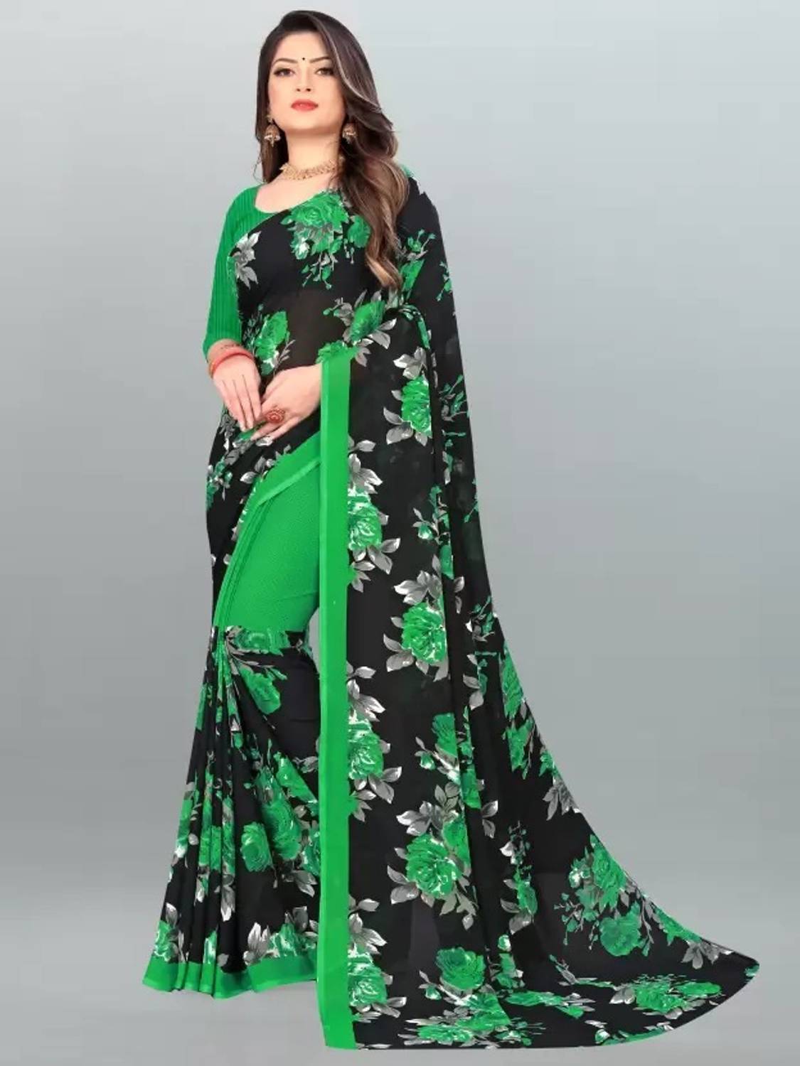 AMBUJAINTERNATIONAL Printed, Floral Print Bollywood Georgette Saree