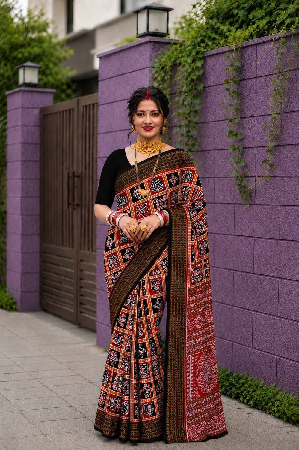 AARUSHRI Printed Sambalpuri Cotton Blend Saree