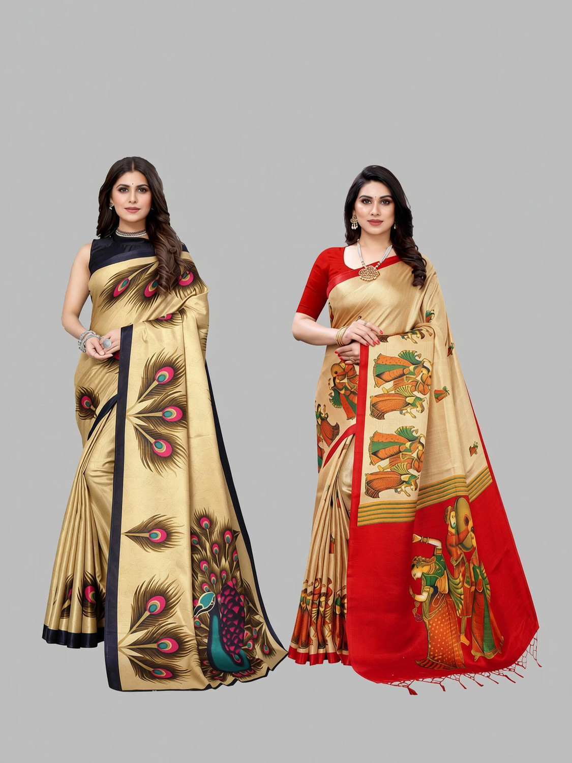Image of Priyashi Digital Print, Printed, Self Design Mysore Art Silk Saree (Pack of 2, Multicolor)