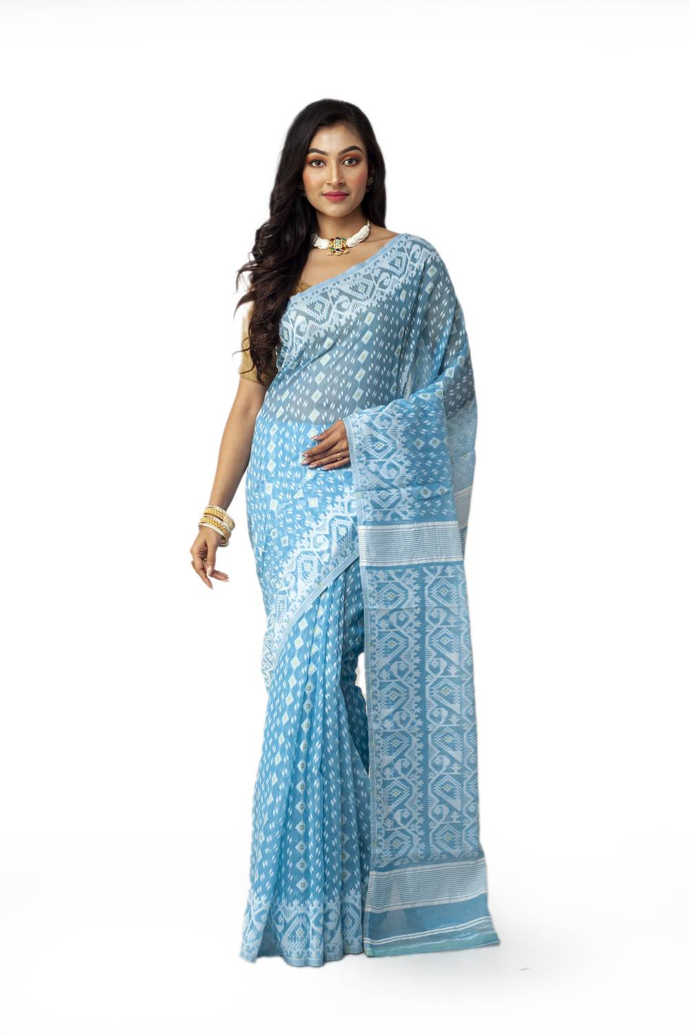 New Sareee Center Woven Jamdani Pure Cotton Saree (Light Blue)
