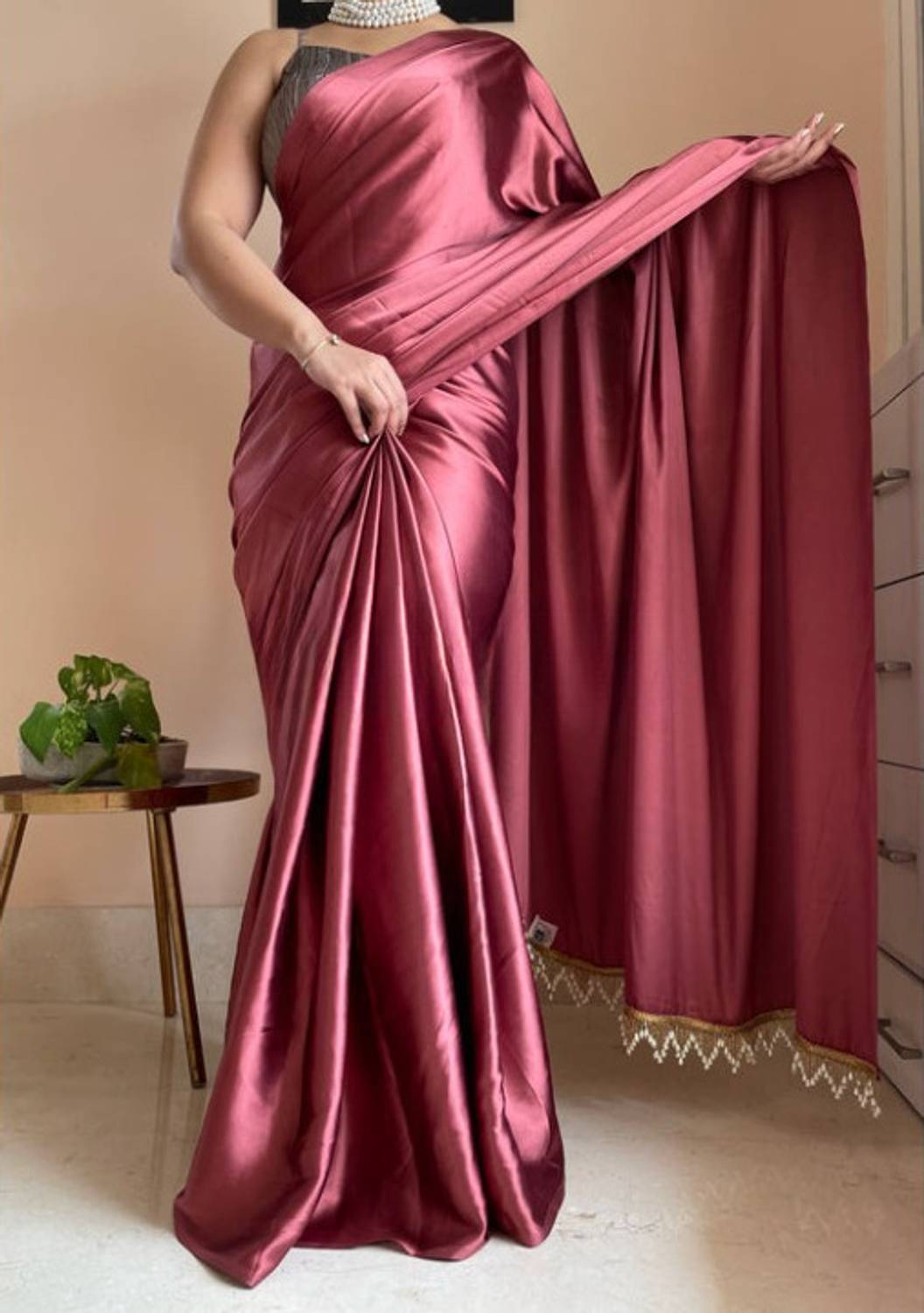 BRAHMSHAKTI Solid/Plain Bollywood Satin, Silk Blend Saree