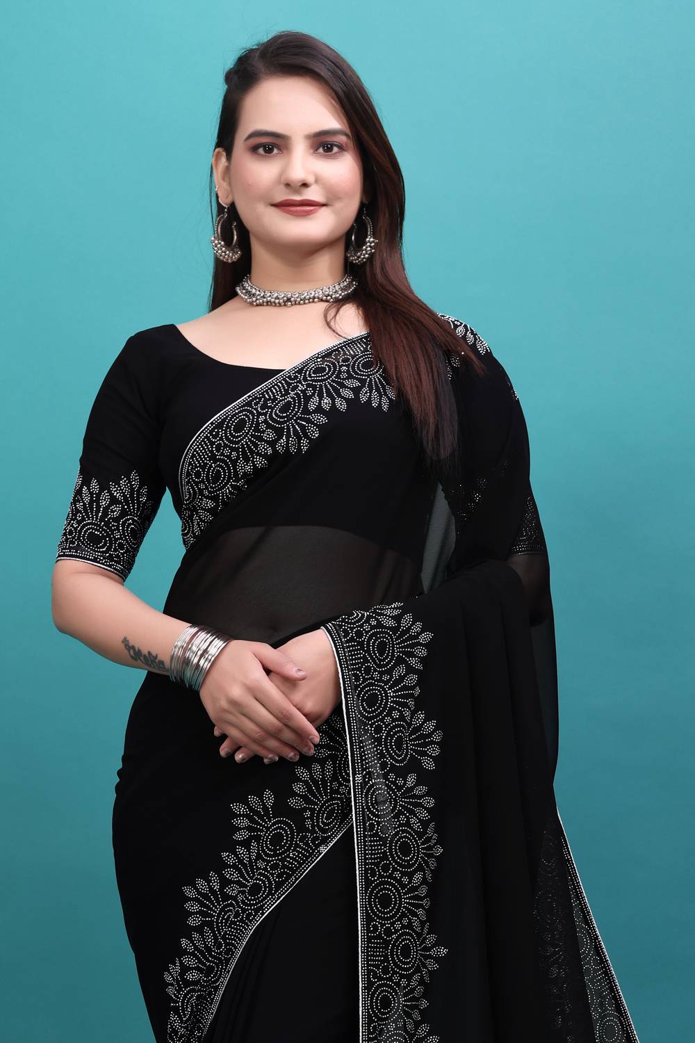 SHELDROM MART Embellished Bollywood Georgette Saree (Black)