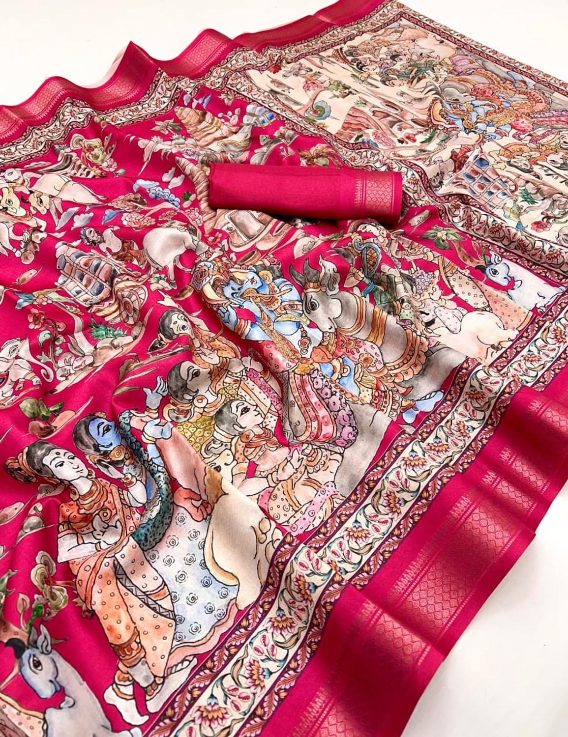 Image of FULIYA SILK Digital Print Kalamkari Tussar Silk Saree