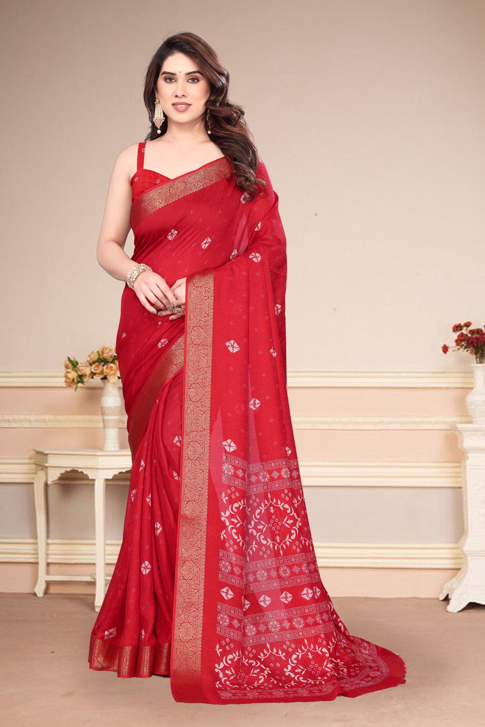 Image of BilloRani Printed Bandhani Silk Blend Saree