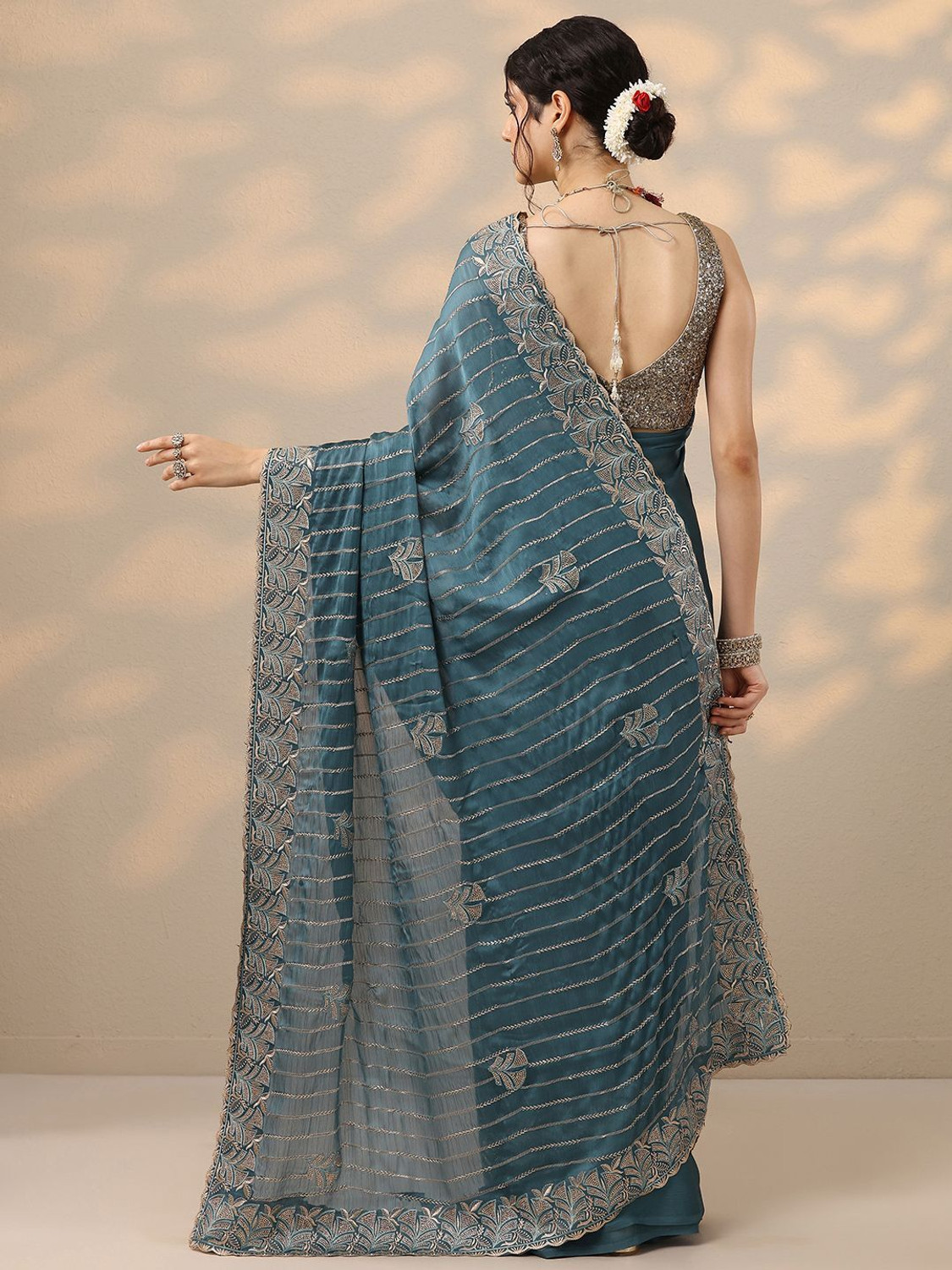 Image of LIBAS Embellished Daily Wear Silk Blend Saree (Blue)