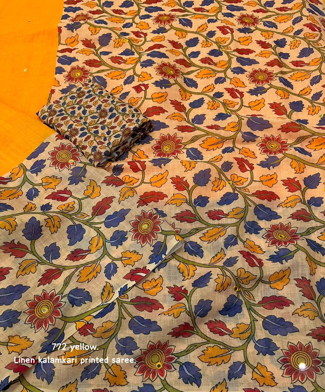 Image of KAMALKUNJ DESIGNER Floral Print Kalamkari Cotton Linen Saree (Multicolor)