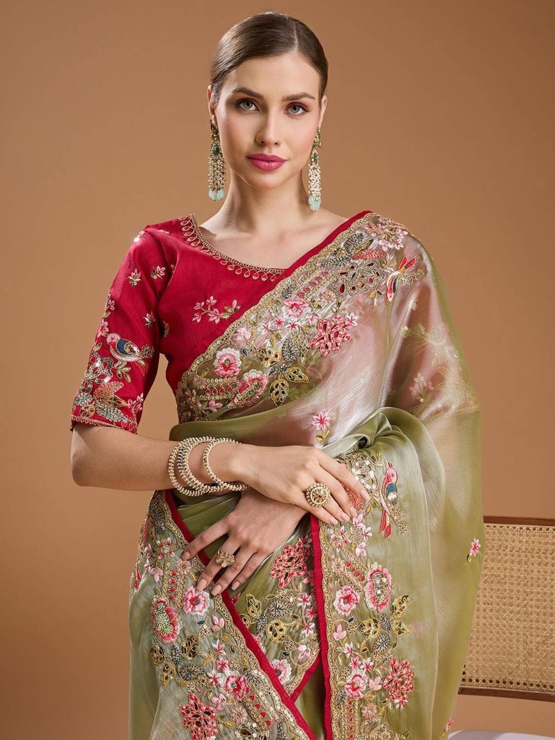SareezaaStore Embroidered Bollywood Organza Saree Green - Image 1