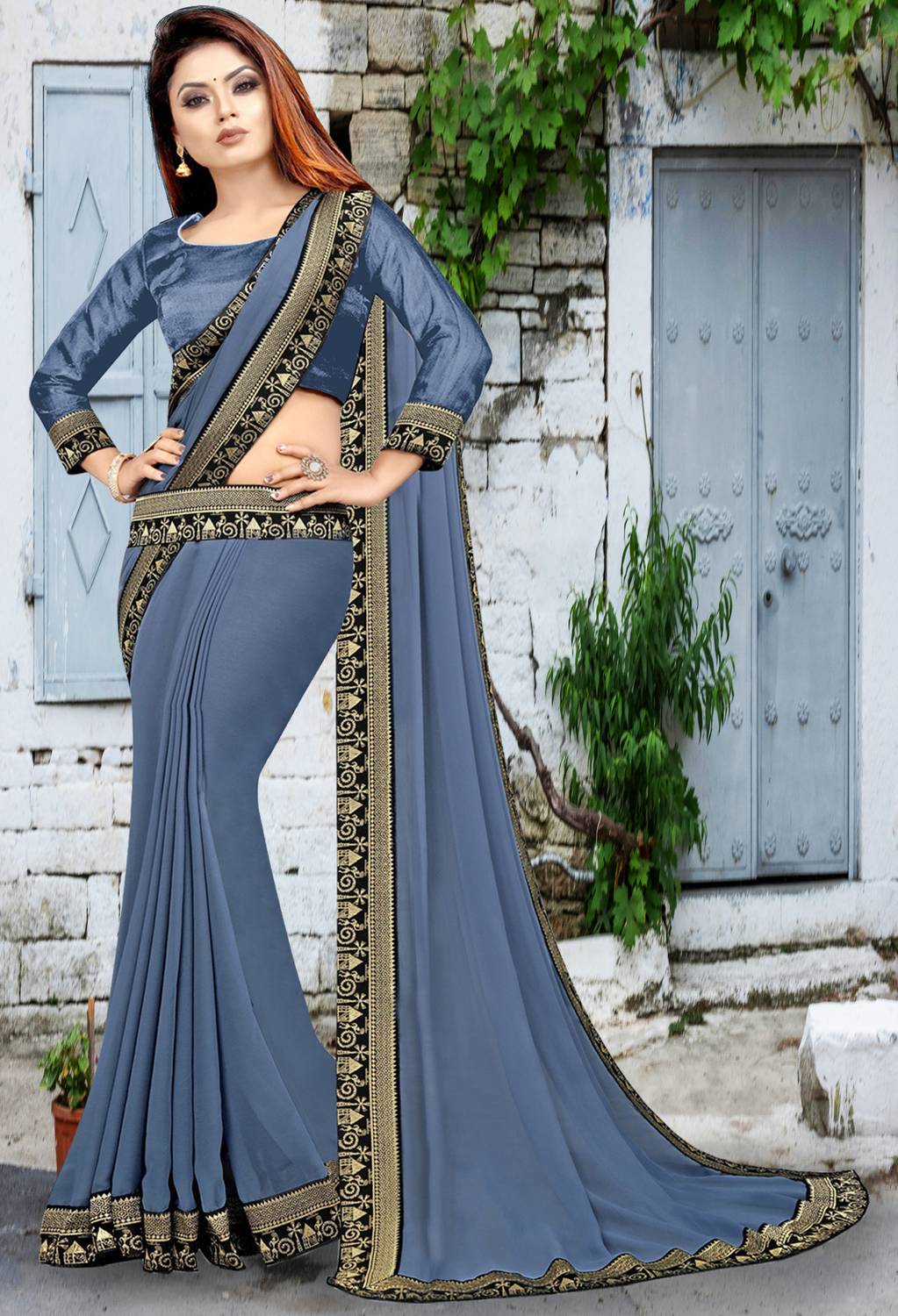 HNC Retail Solid/Plain Bollywood Lycra Blend, Chiffon Saree (Silv