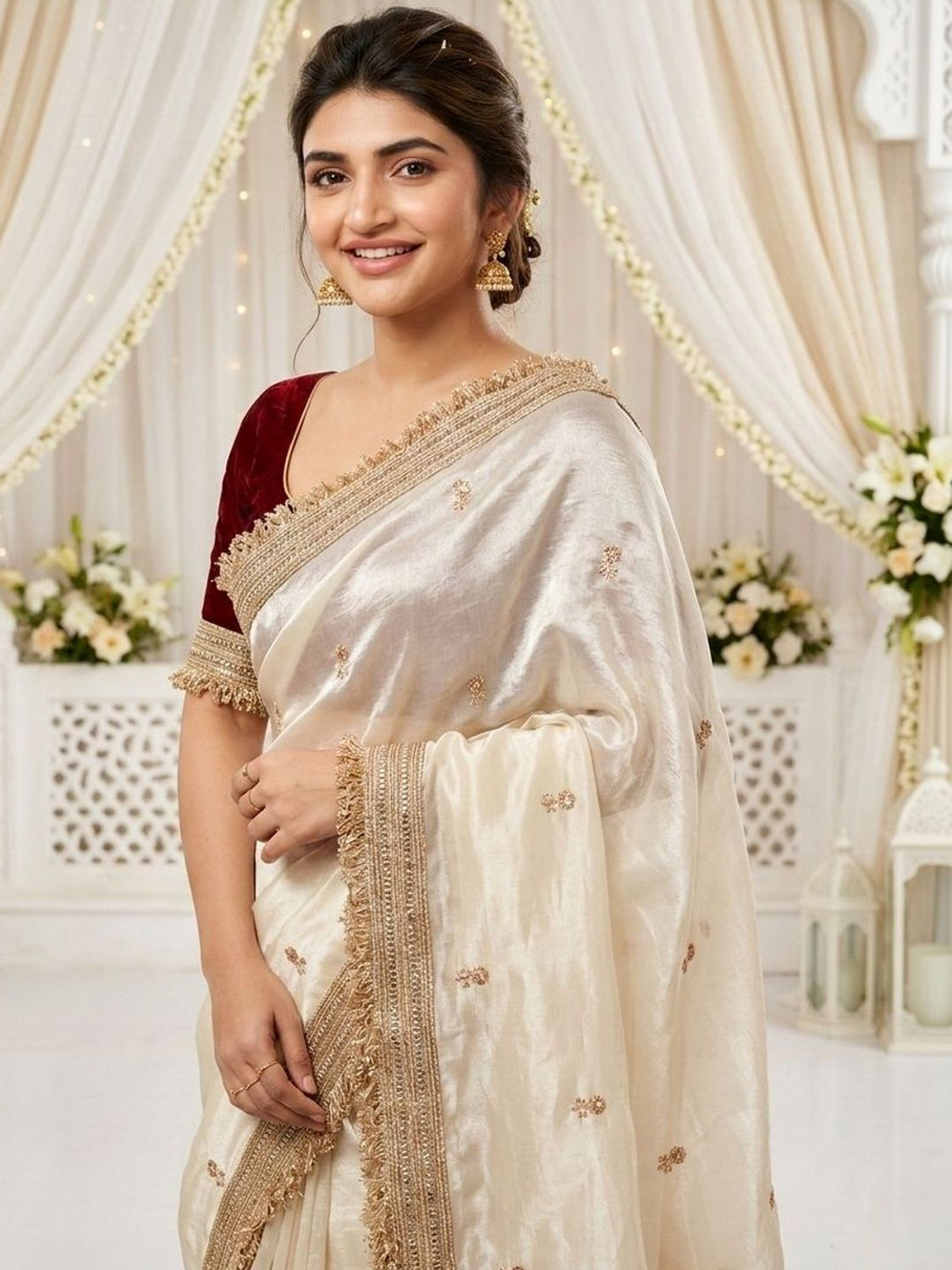 Image of sadika Embroidered, Embellished Bollywood Tissue, Pure Silk Saree