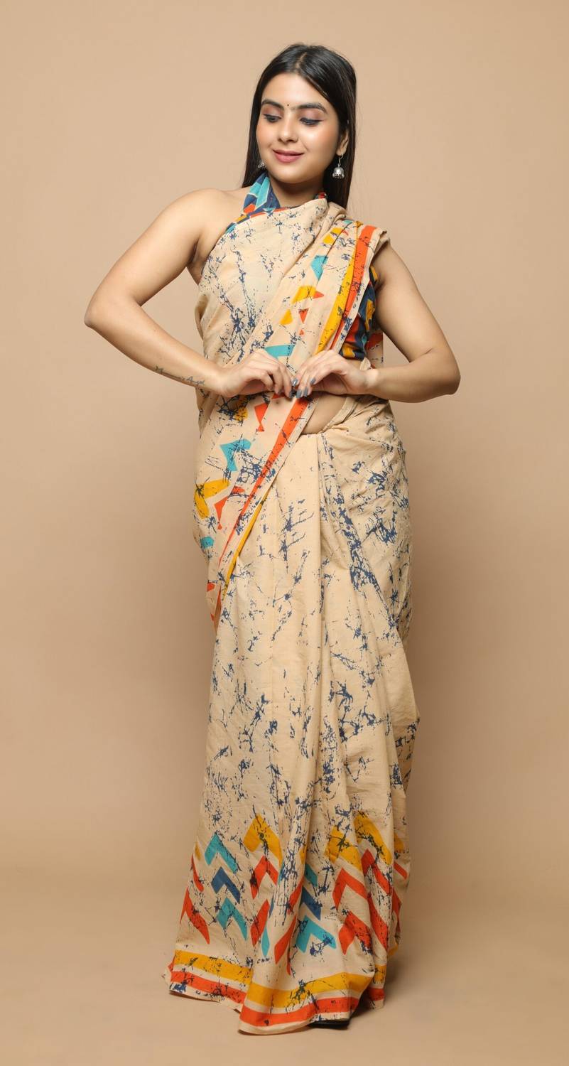 Printed Cotton Mulmul Saree Printed, Blocked Printed, Floral Prin