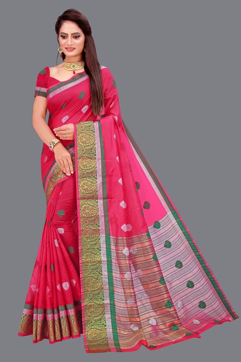 MENFLUENT Woven Maheshwari Cotton Silk Saree (Pink)