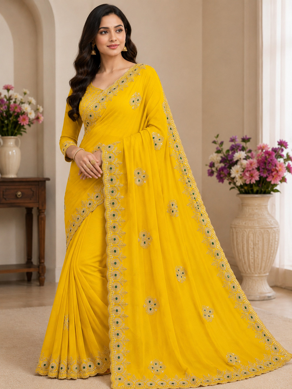Image of VIDHI TEX Embroidered Bollywood Satin, Chiffon Saree (Yellow)