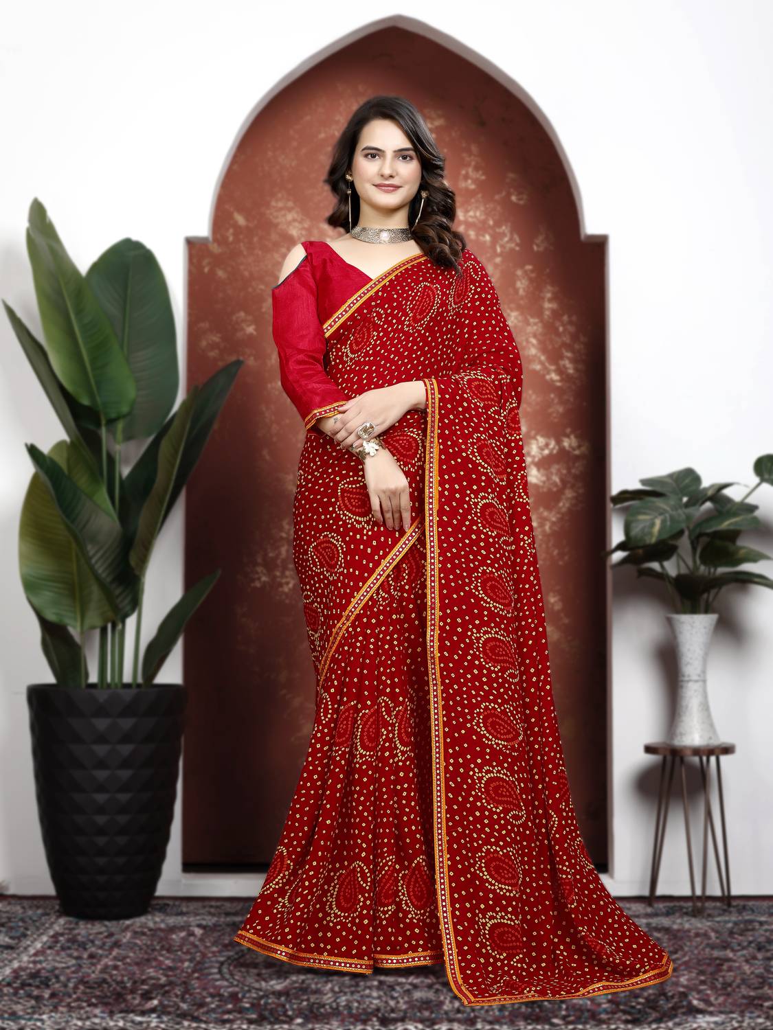 Kanooda Prints Printed Bandhani Georgette Saree (Red)