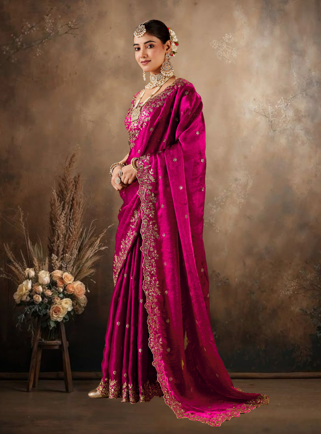 Image of DESTY Embroidered, Embellished, Floral Print Bollywood Jimmy Jimmy, Tussar Silk Saree