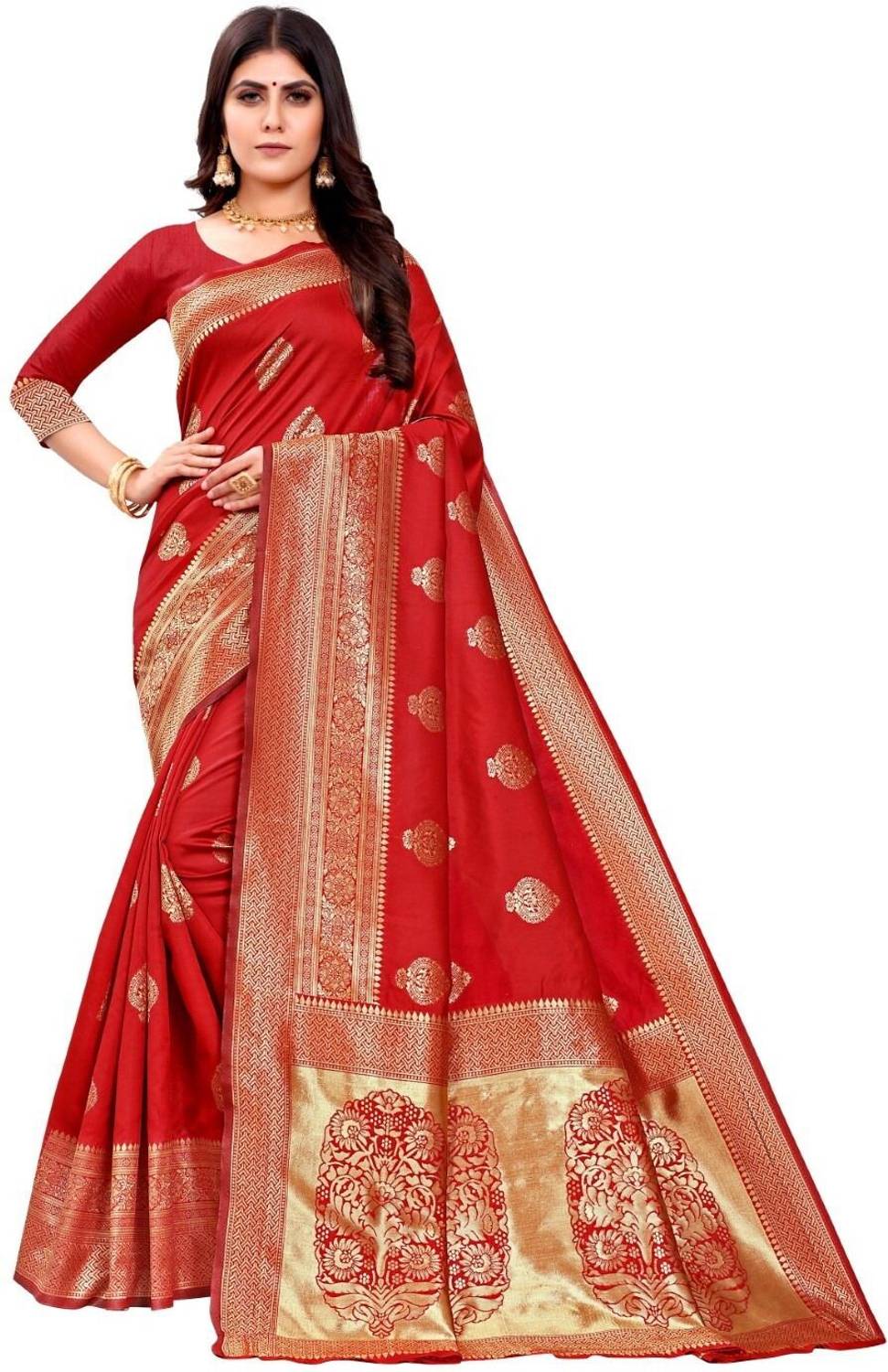 TIGERSNAKE Woven Kasavu Silk Blend Saree (Red)