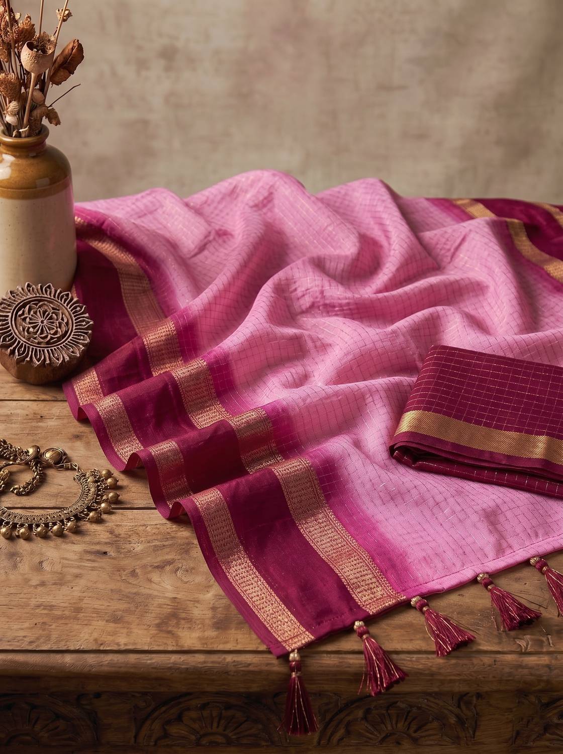 KASTURI Checkered Bollywood Georgette Pink Saree - Image 2