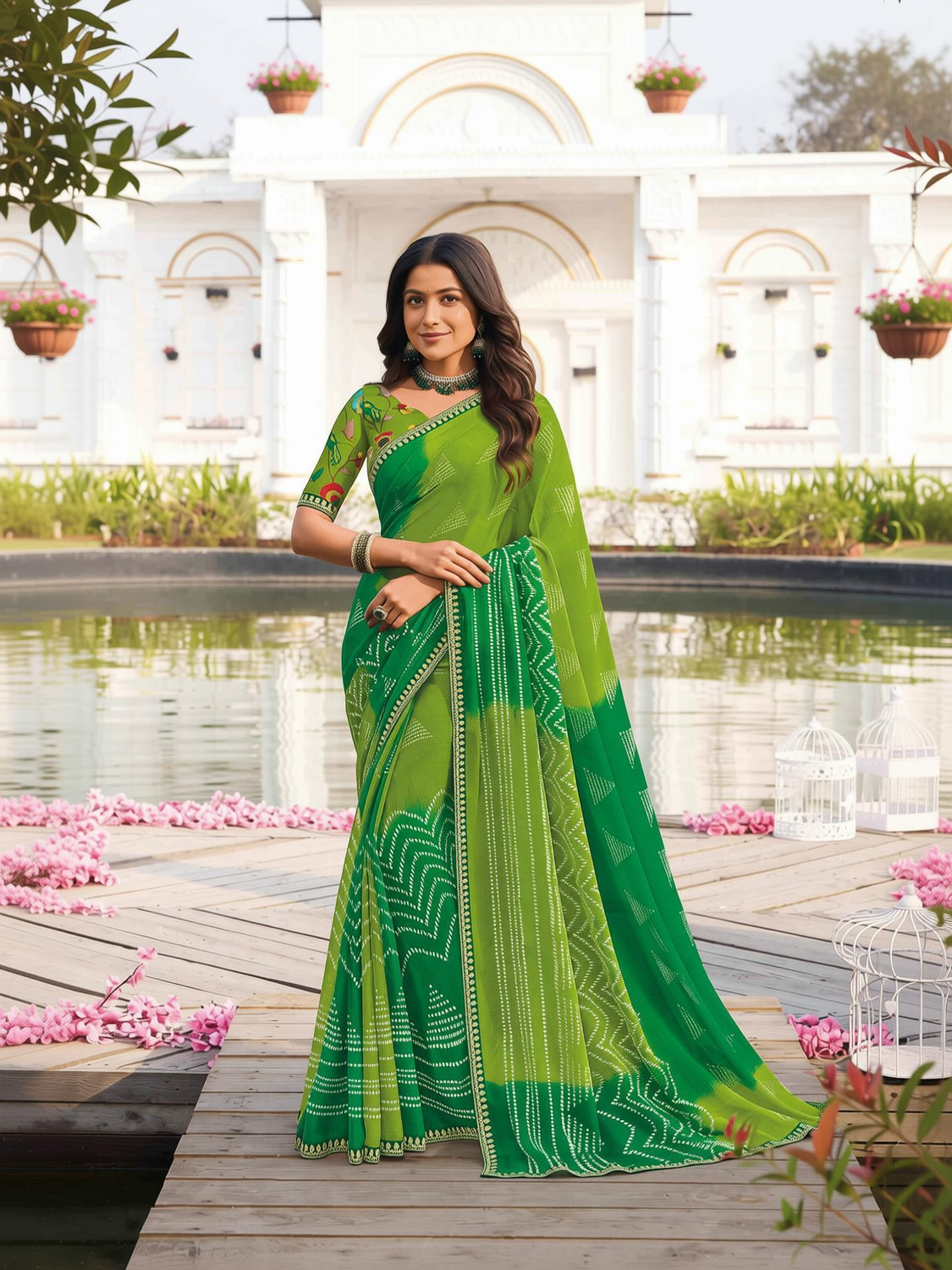 Image of Laxmipati sarees Printed Bollywood Chiffon Saree (Green)