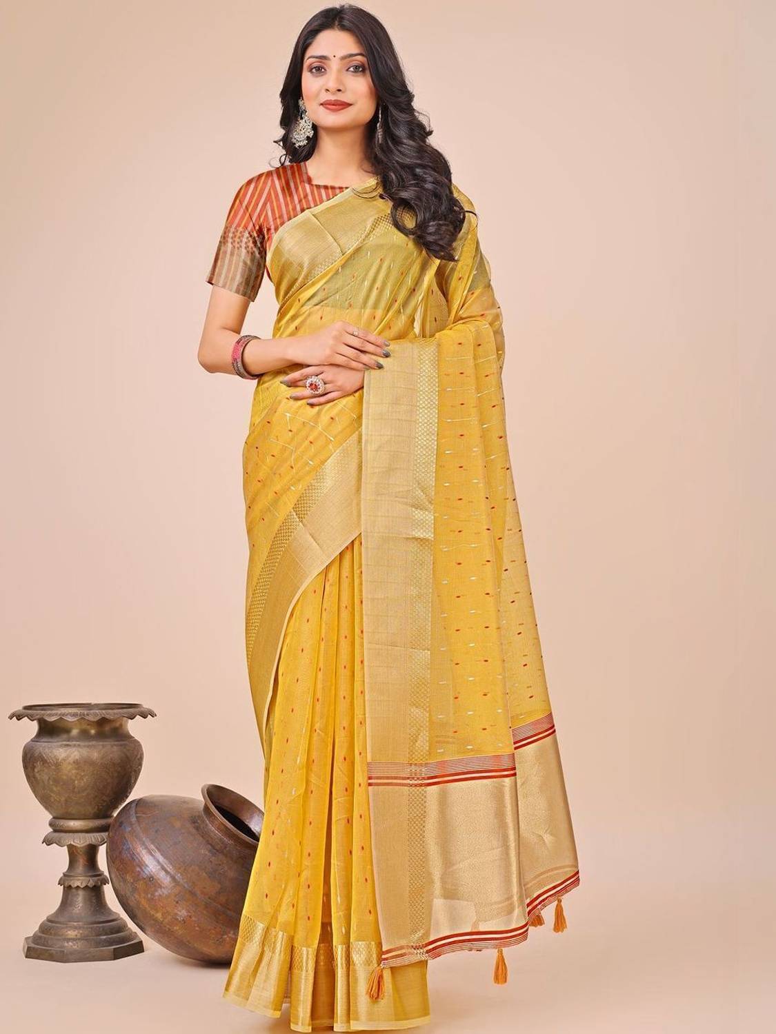 Threadbox Woven Bollywood Organza Saree (Yellow)
