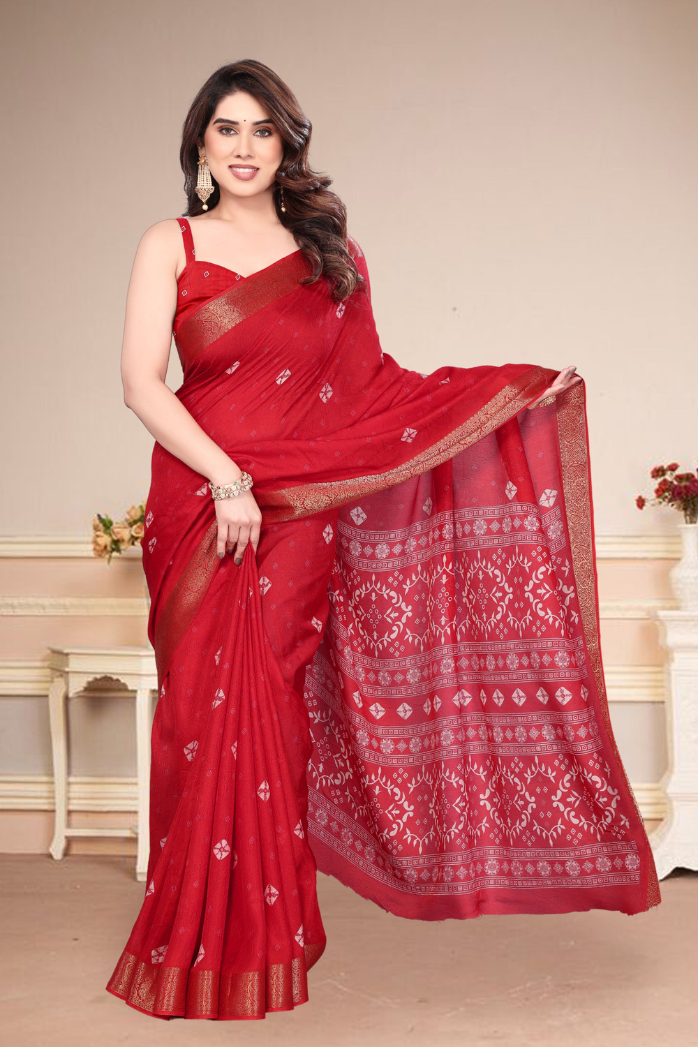 Image of BilloRani Printed Bandhani Silk Blend Saree