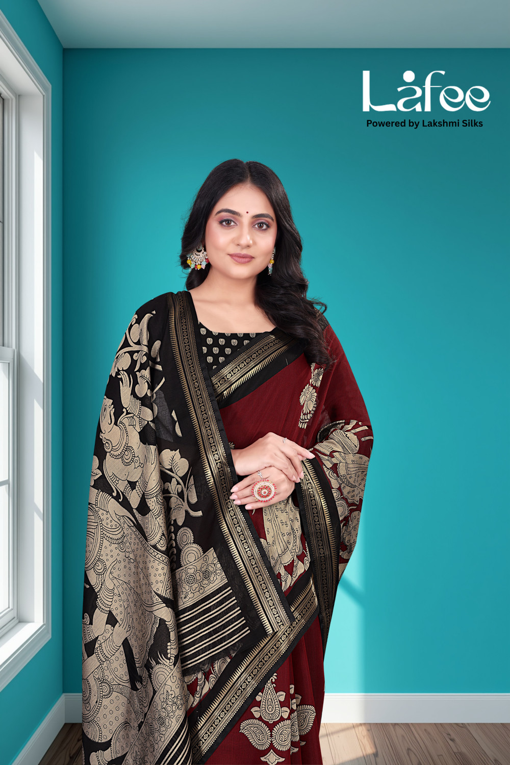 Image of lakshmi silks Printed Kalamkari Cotton Blend Saree