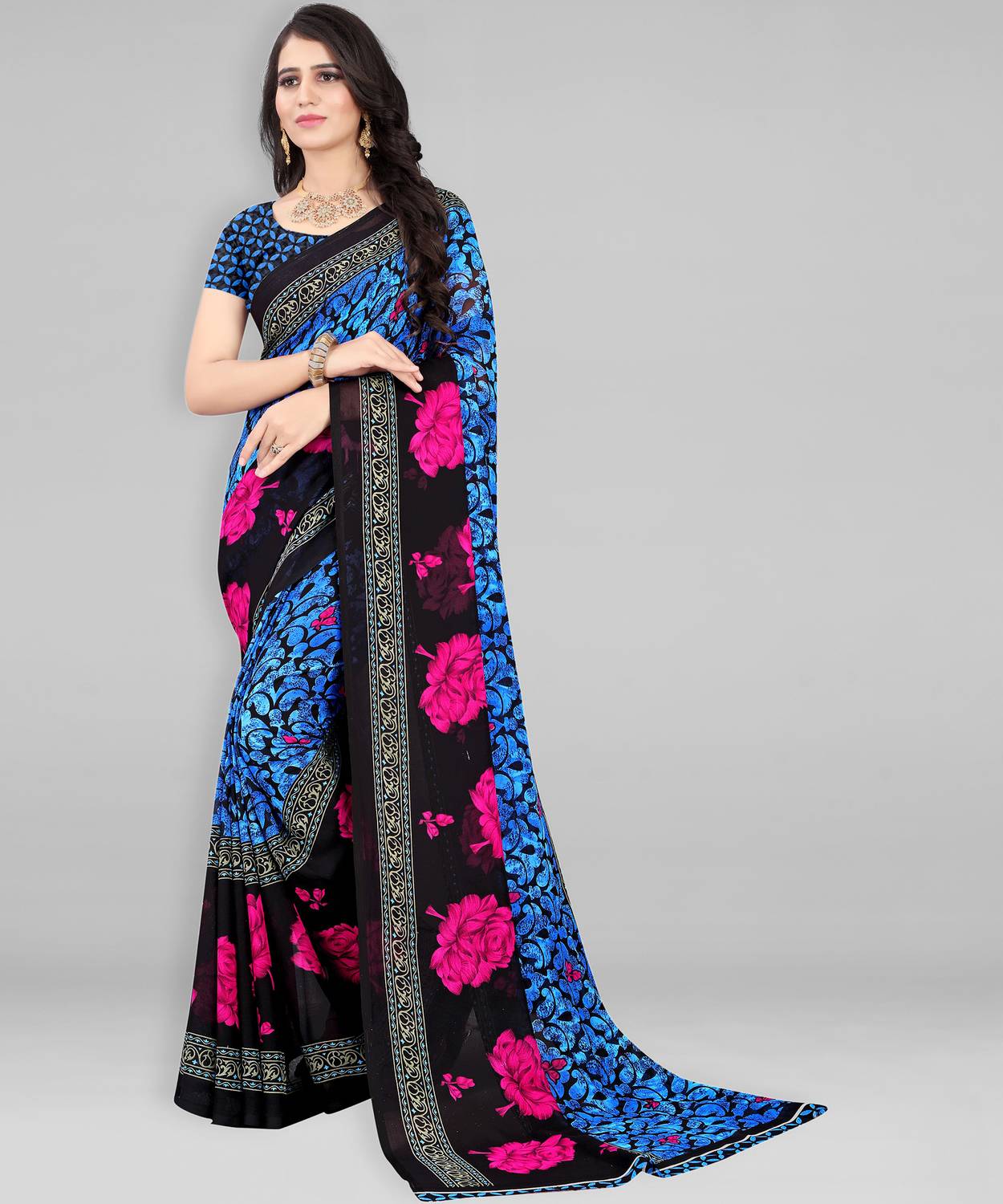 Leelavati Floral Print Bollywood Georgette Saree (Multicolor)