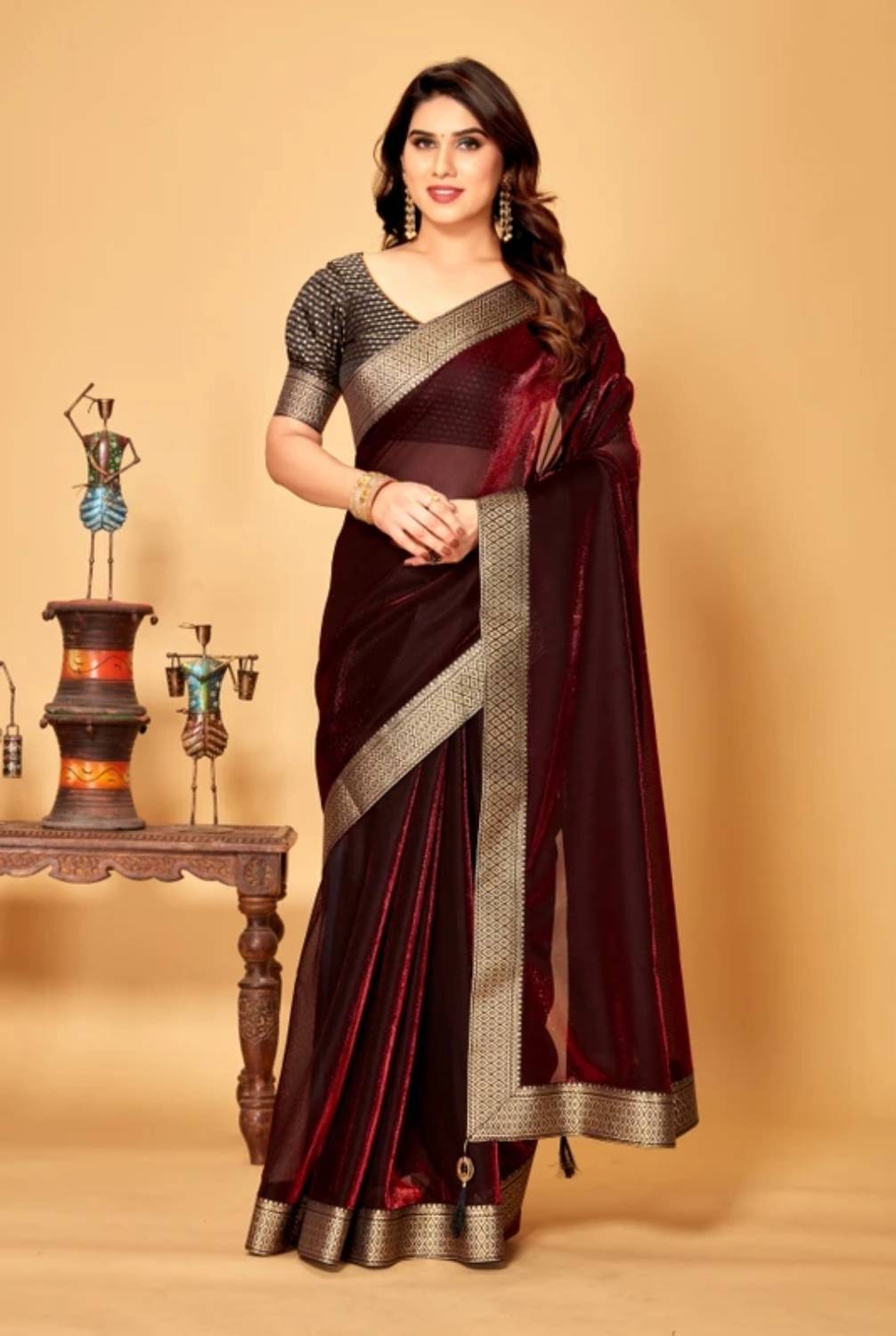AKFABRICS Solid/Plain Bollywood Lycra Blend Saree