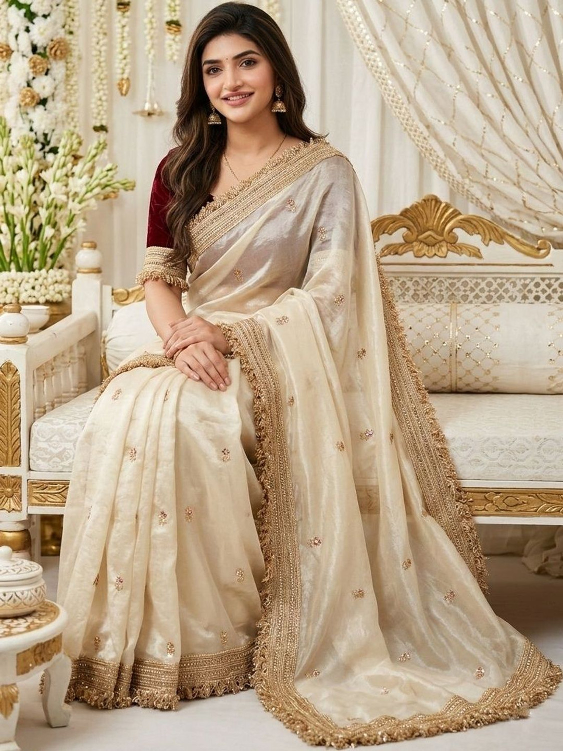 Image of sadika Embroidered, Embellished Bollywood Tissue, Pure Silk Saree