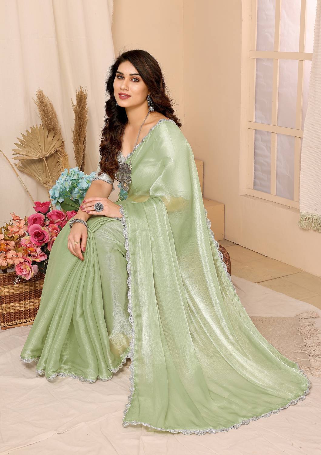 Buy FABMORA Embellished Bollywood Chiffon Green Sarees Online @ Best Price  In India | Flipkart.com