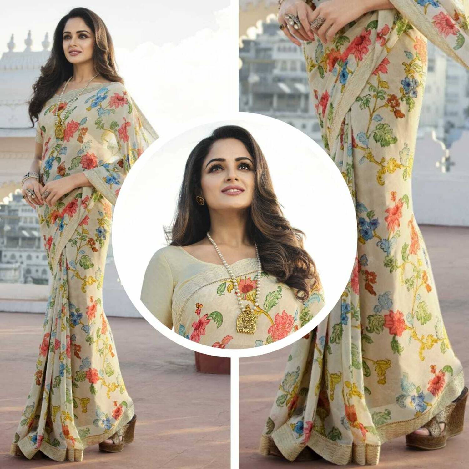 BLEESBURY Floral Print Bollywood Georgette, Chiffon Saree