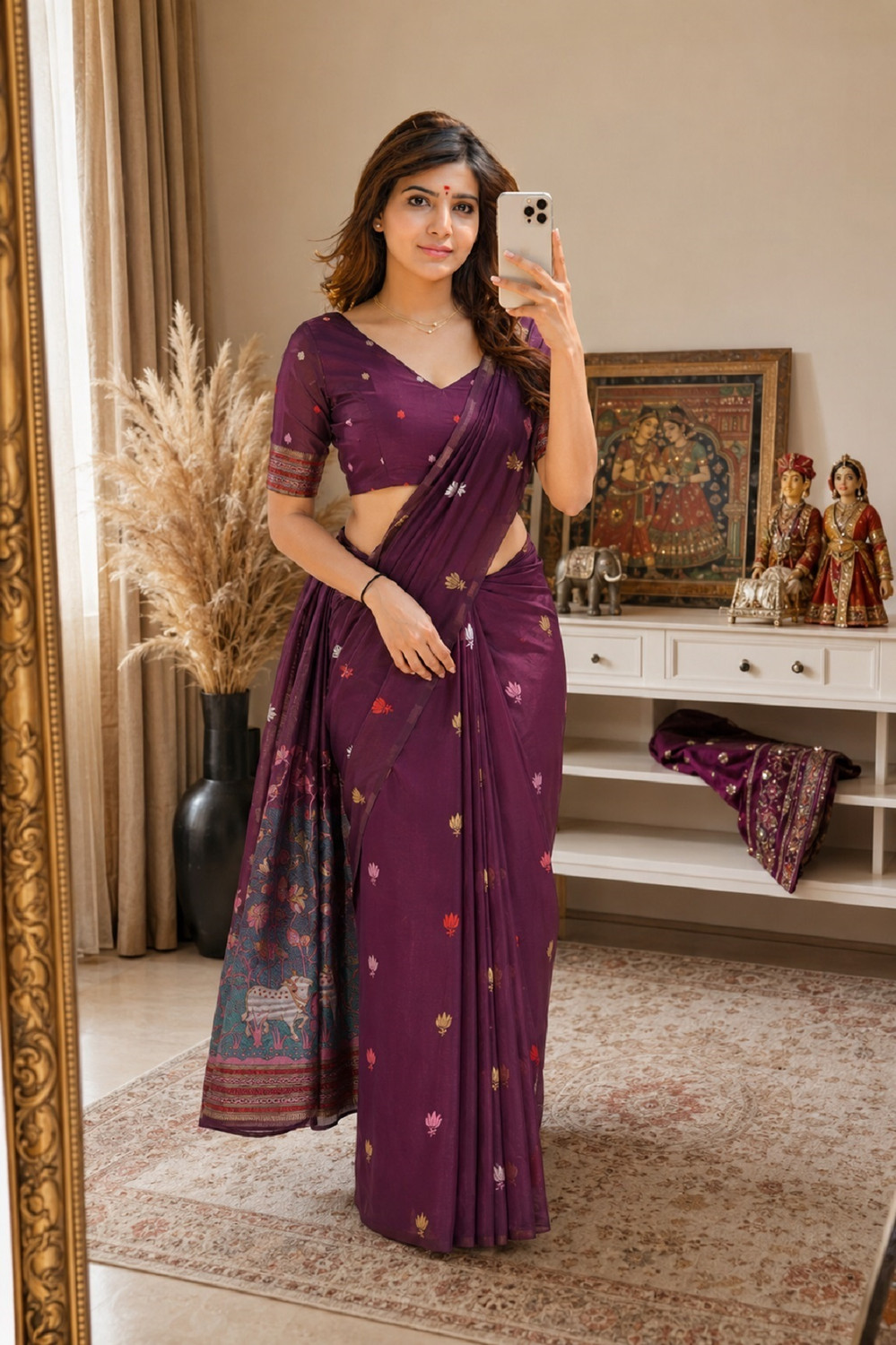 Image of Adakara Embroidered Banarasi Linen Saree (Purple)