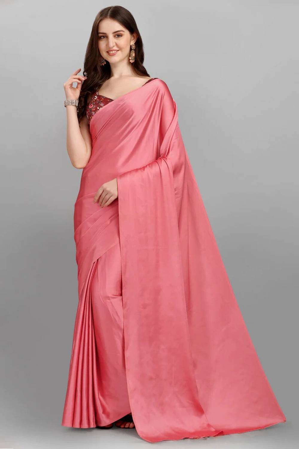 Bondia Solid/Plain Bollywood Satin Saree