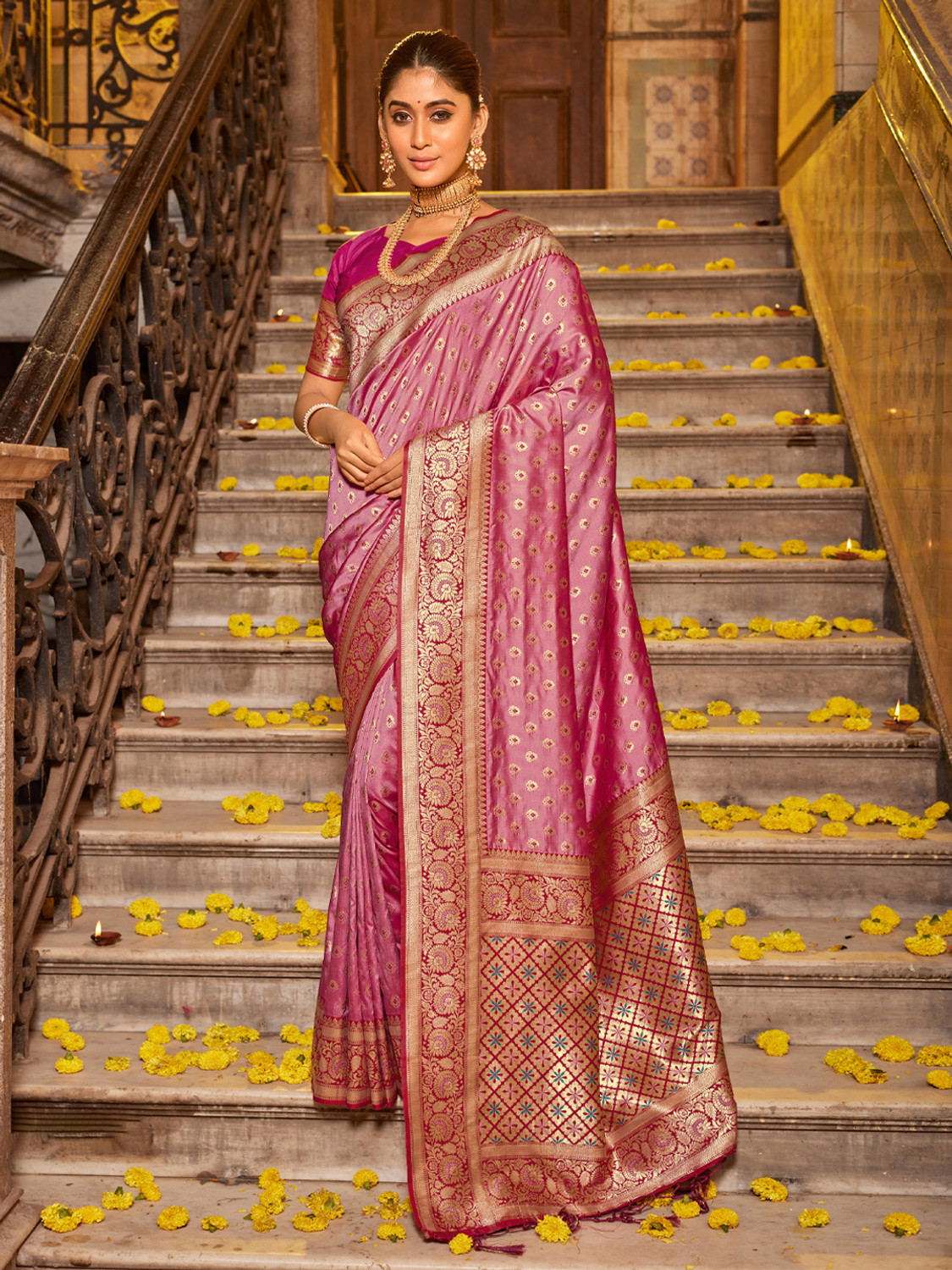 Image of Sutriti Woven, Self Design, Temple Border Banarasi Silk Blend Saree