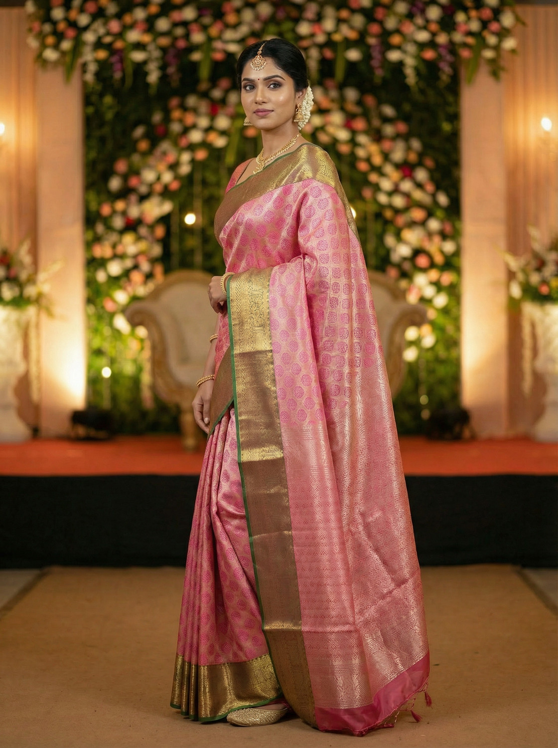 Image of MIMOSA Embellished, Paisley, Temple Border, Woven Kanjivaram Art Silk Saree