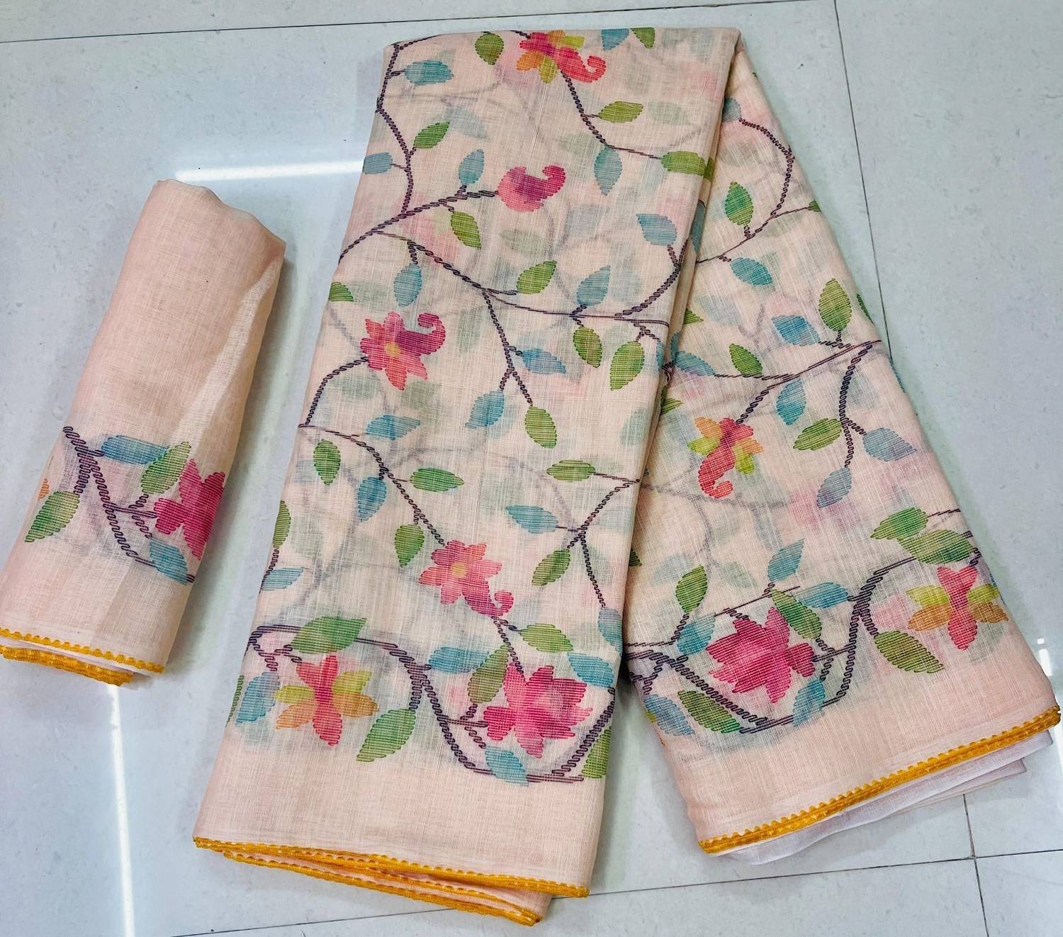 Anshal Floral Print, Printed Daily Wear Cotton Linen Saree