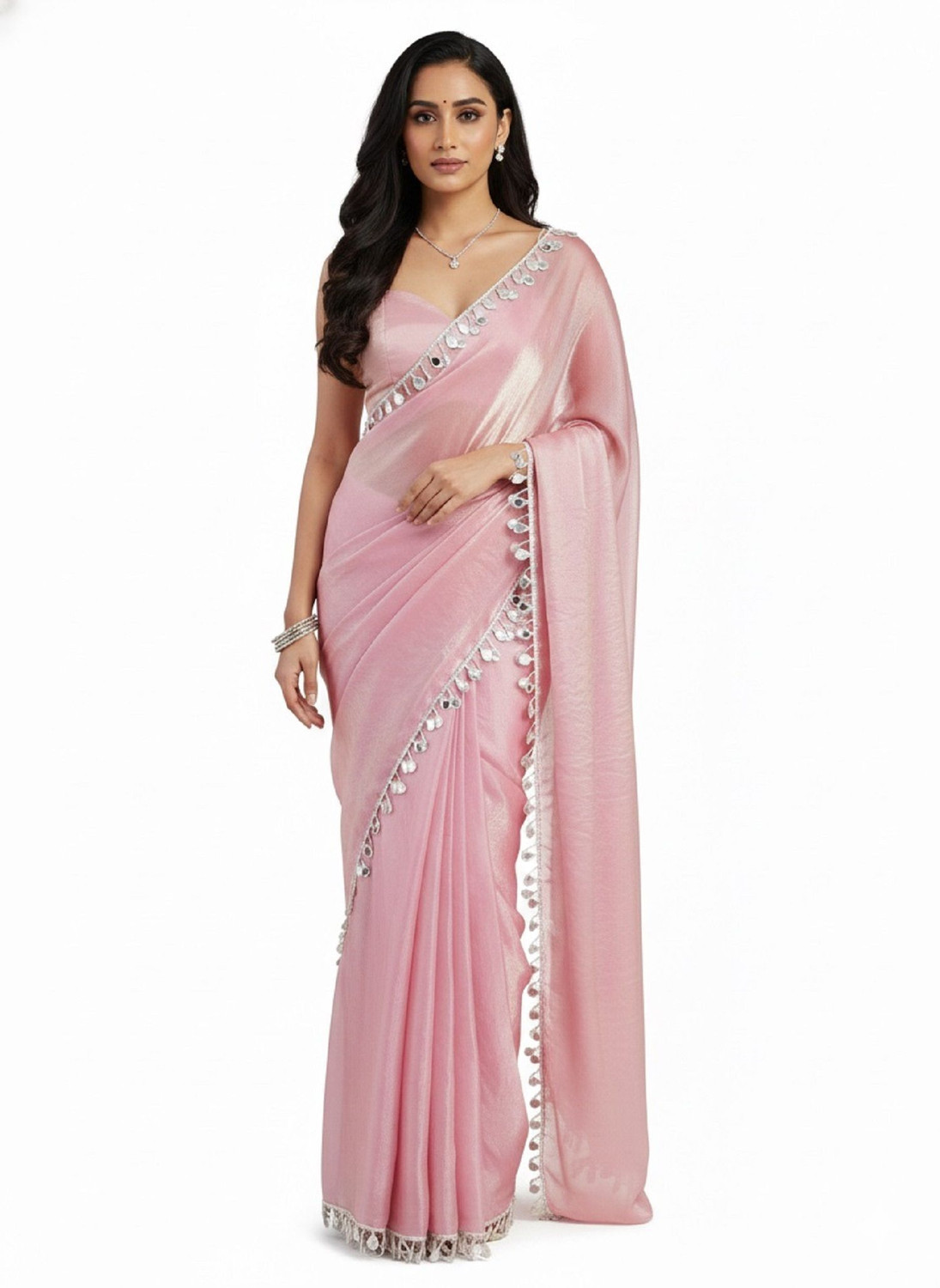 Image of Sataz Ready to Wear Self Design Pre Draped Saree Satin Saree (Pink)