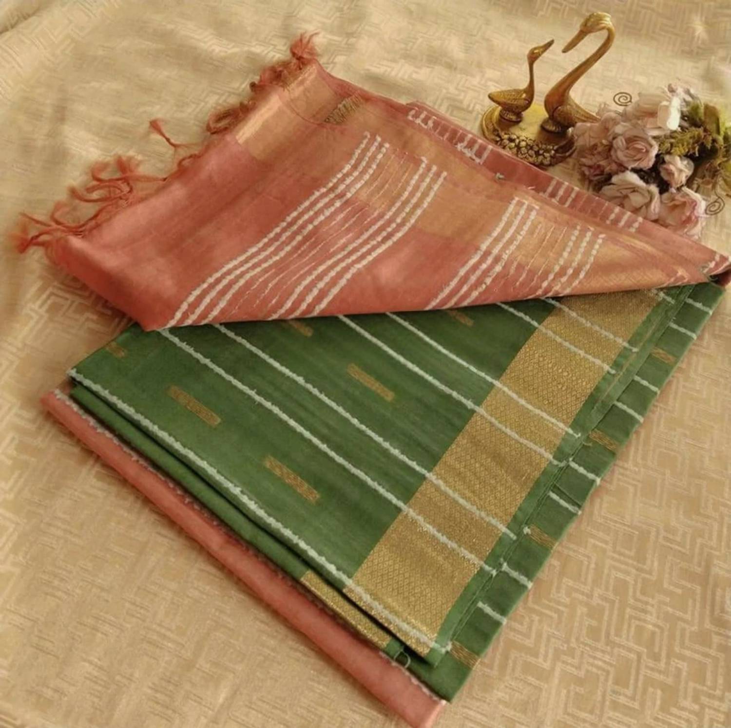 LinenIndia Striped, Woven, Self Design Bhagalpuri Cotton Silk Saree