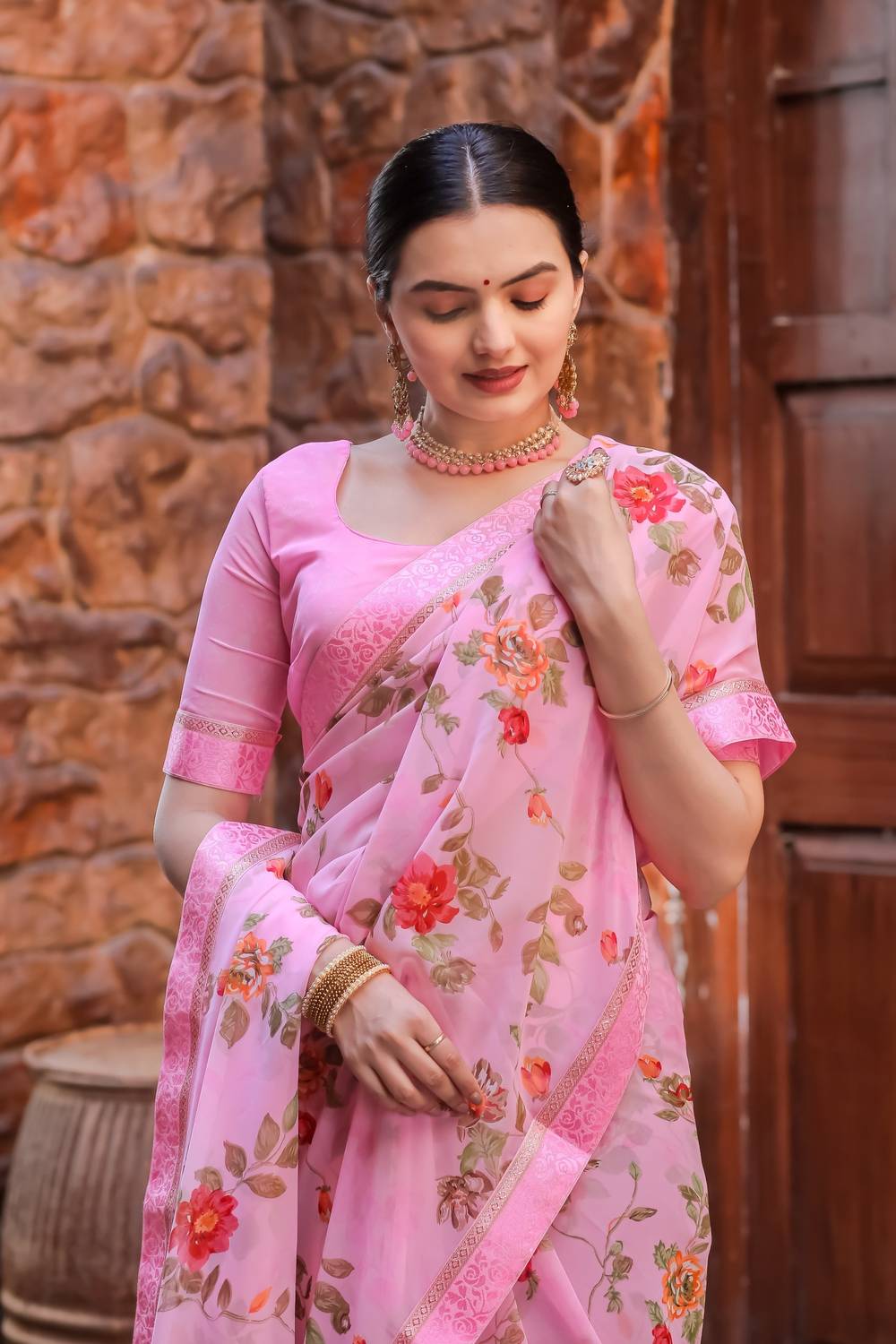 bhavika silk mills Printed Daily Wear Georgette Saree (Pink)