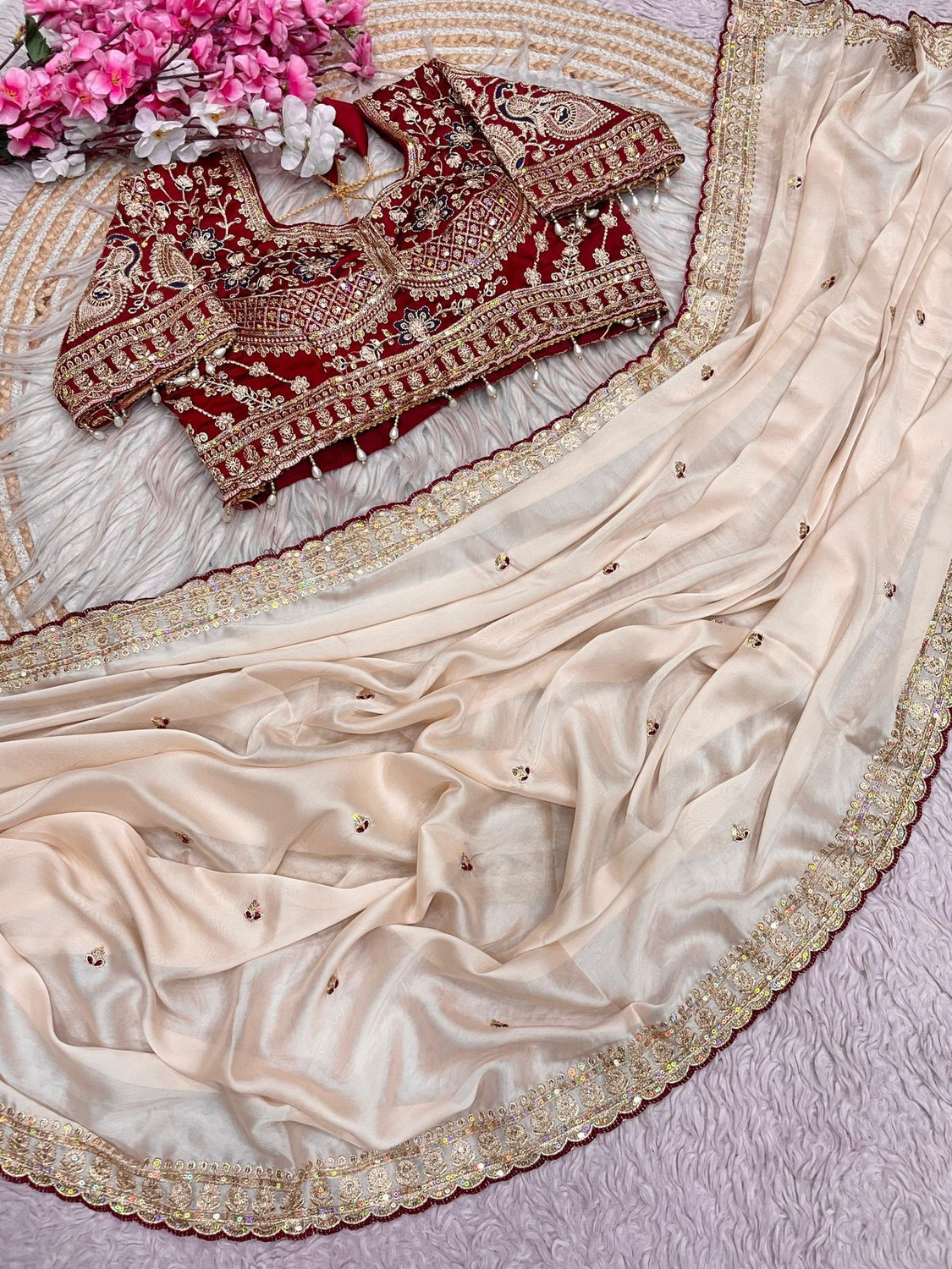 Image of JIVANDHARA Embroidered, Embellished Bollywood Pure Silk Saree