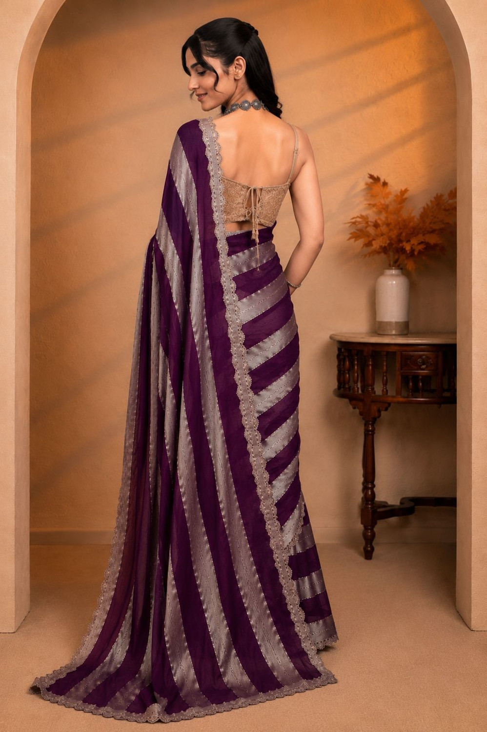 Image of Jay Bajrang Fashion Striped Bollywood Tissue Saree (Purple)