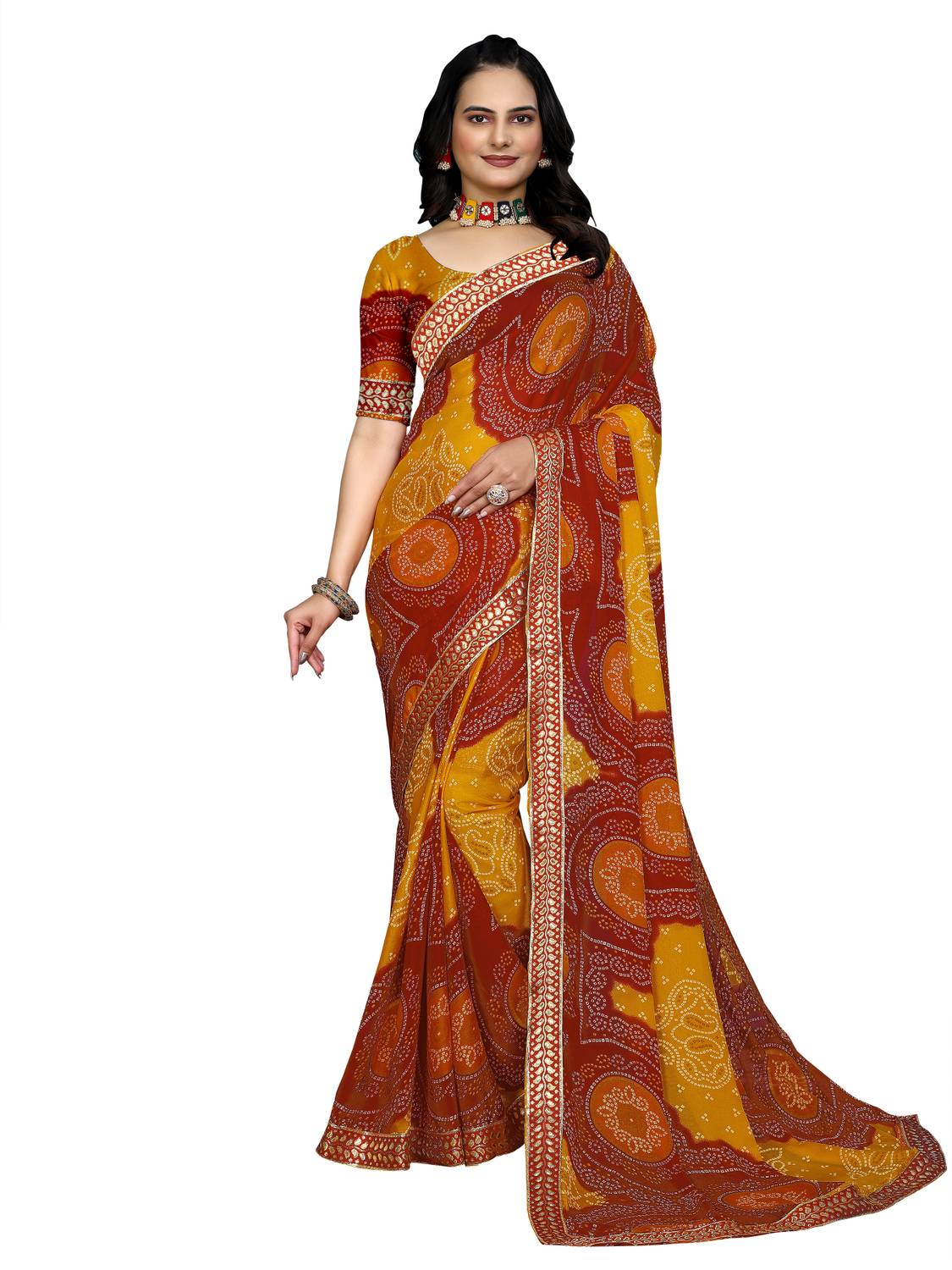 Kanooda Prints Printed Bandhani Georgette Saree (Red)