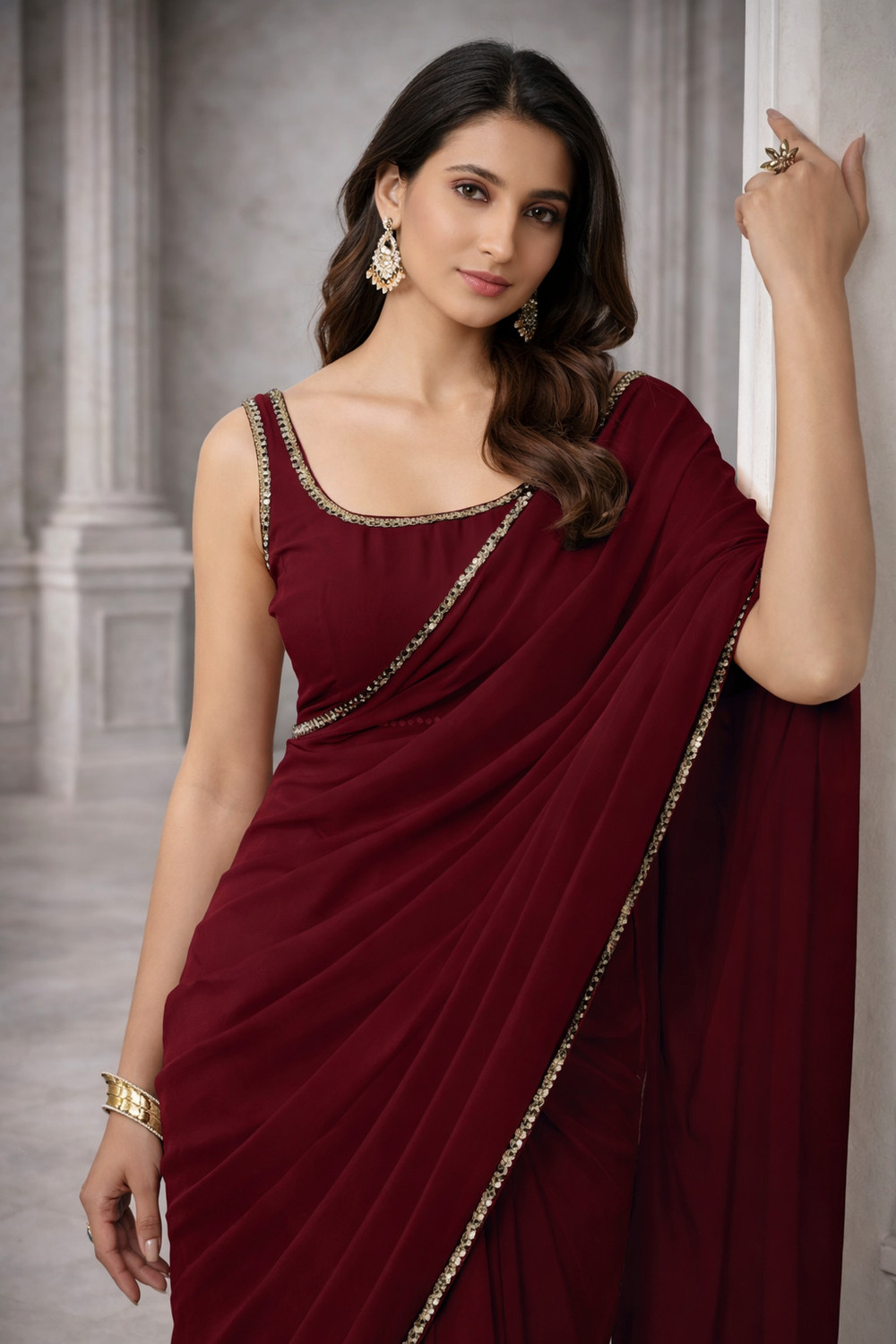 Image of MAHARAJ SAREES Embellished Daily Wear Georgette Saree (Maroon)