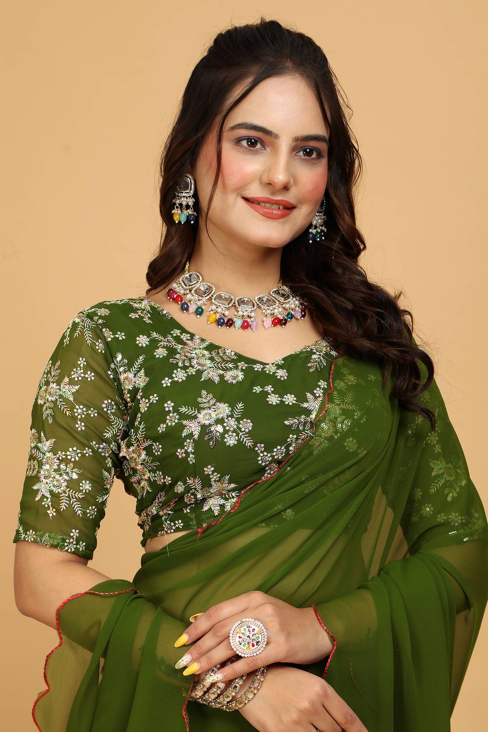 K 5 FASHION Embroidered Bollywood Georgette Saree (Green)